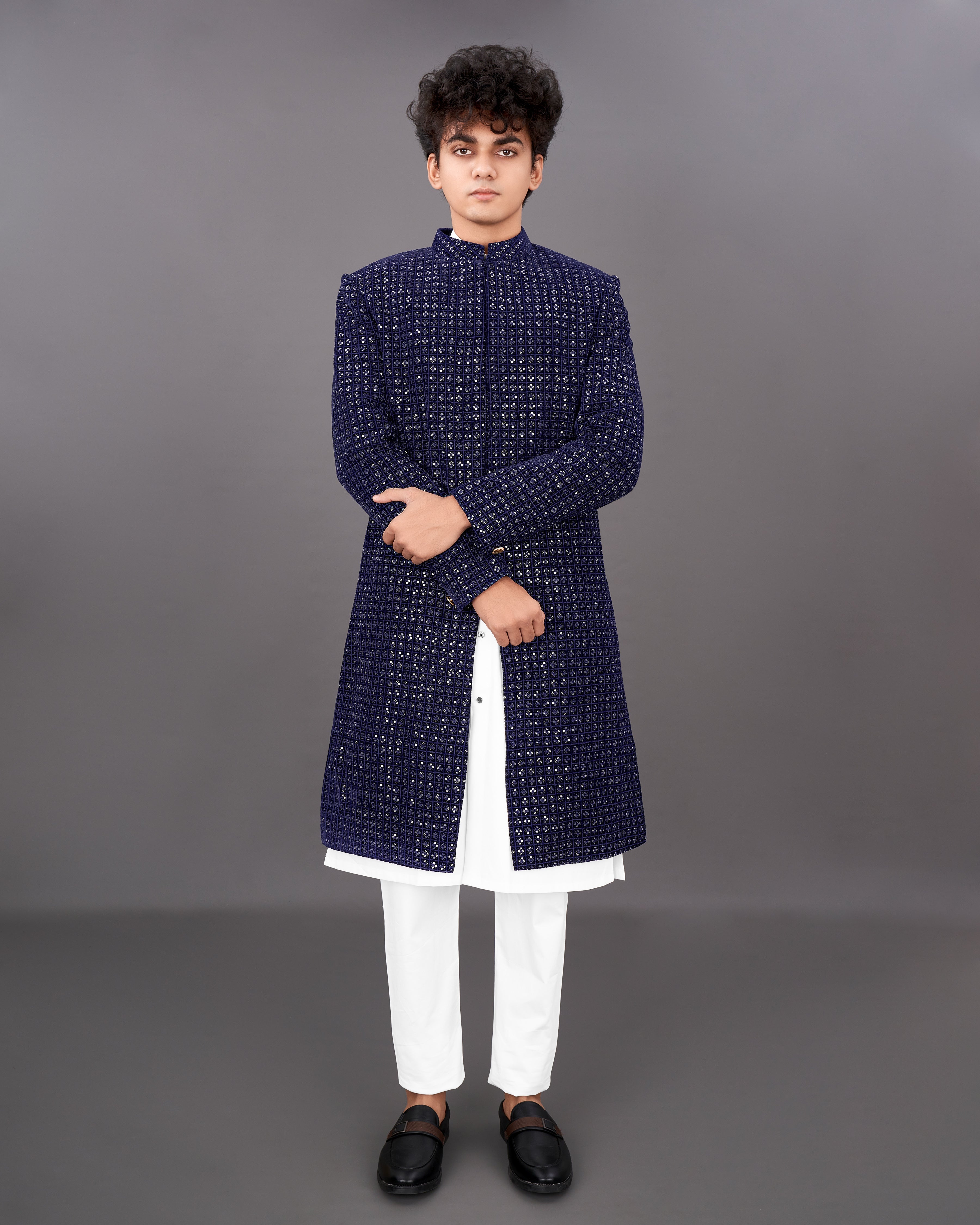 Haiti Navy Blue Embroidered Sherwani with Kurta and Pants Set SH025-SRW30-36, SH025-SRW30-38, SH025-SRW30-40, SH025-SRW30-42, SH025-SRW30-44, SH025-SRW30-46, SH025-SRW30-48, SH025-SRW30-50, SH025-SRW30-52, SH025-SRW30-54, SH025-SRW30-56, SH025-SRW30-58, SH025-SRW30-60
