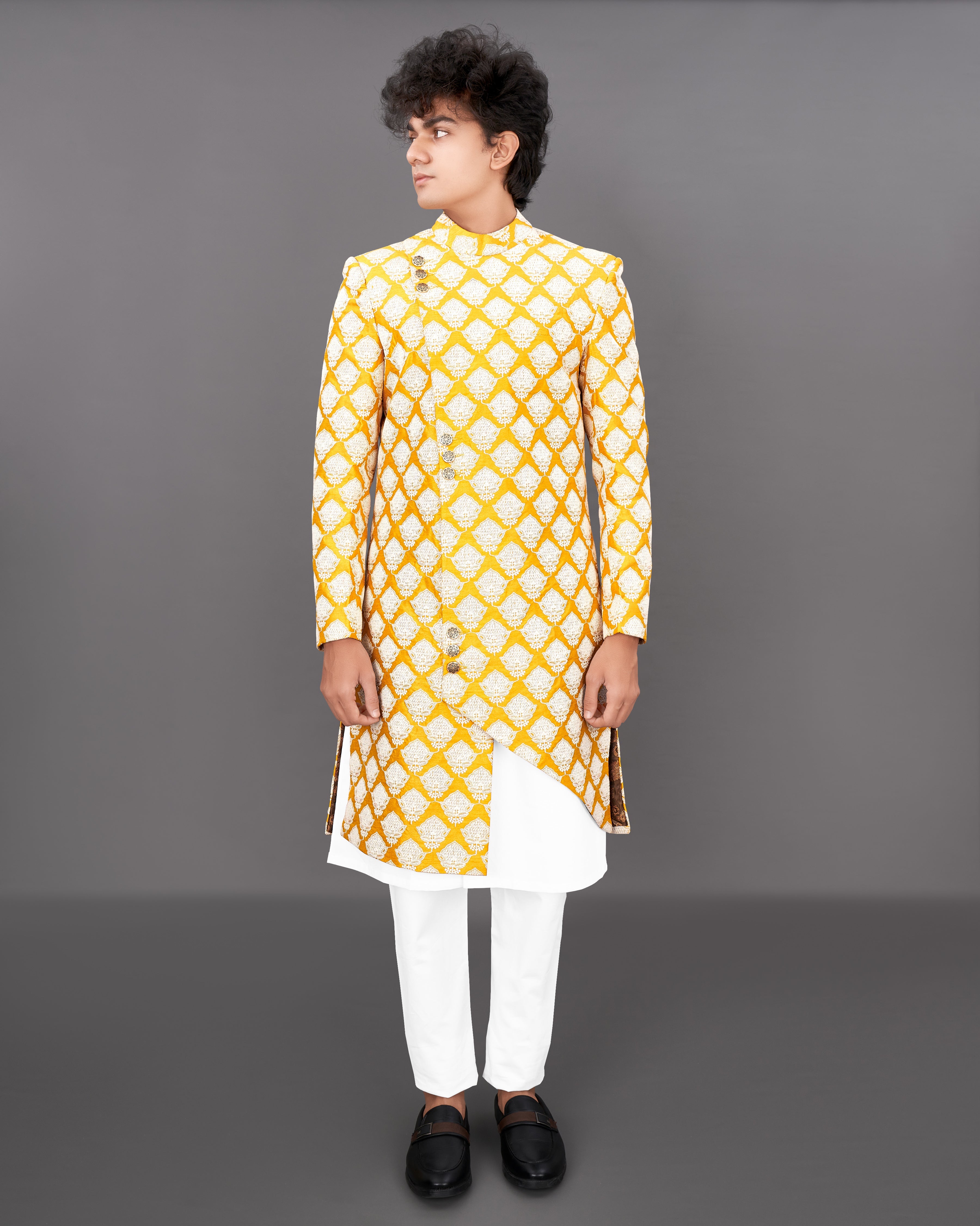 Squash Yellow and White and Sequence Embroidered Sherwani with Kurta and Pants Set SH026-SRW23-36, SH026-SRW23-38, SH026-SRW23-40, SH026-SRW23-42, SH026-SRW23-44, SH026-SRW23-46, SH026-SRW23-48, SH026-SRW23-50, SH026-SRW23-52, SH026-SRW23-54, SH026-SRW23-56, SH026-SRW23-58, SH026-SRW23-60