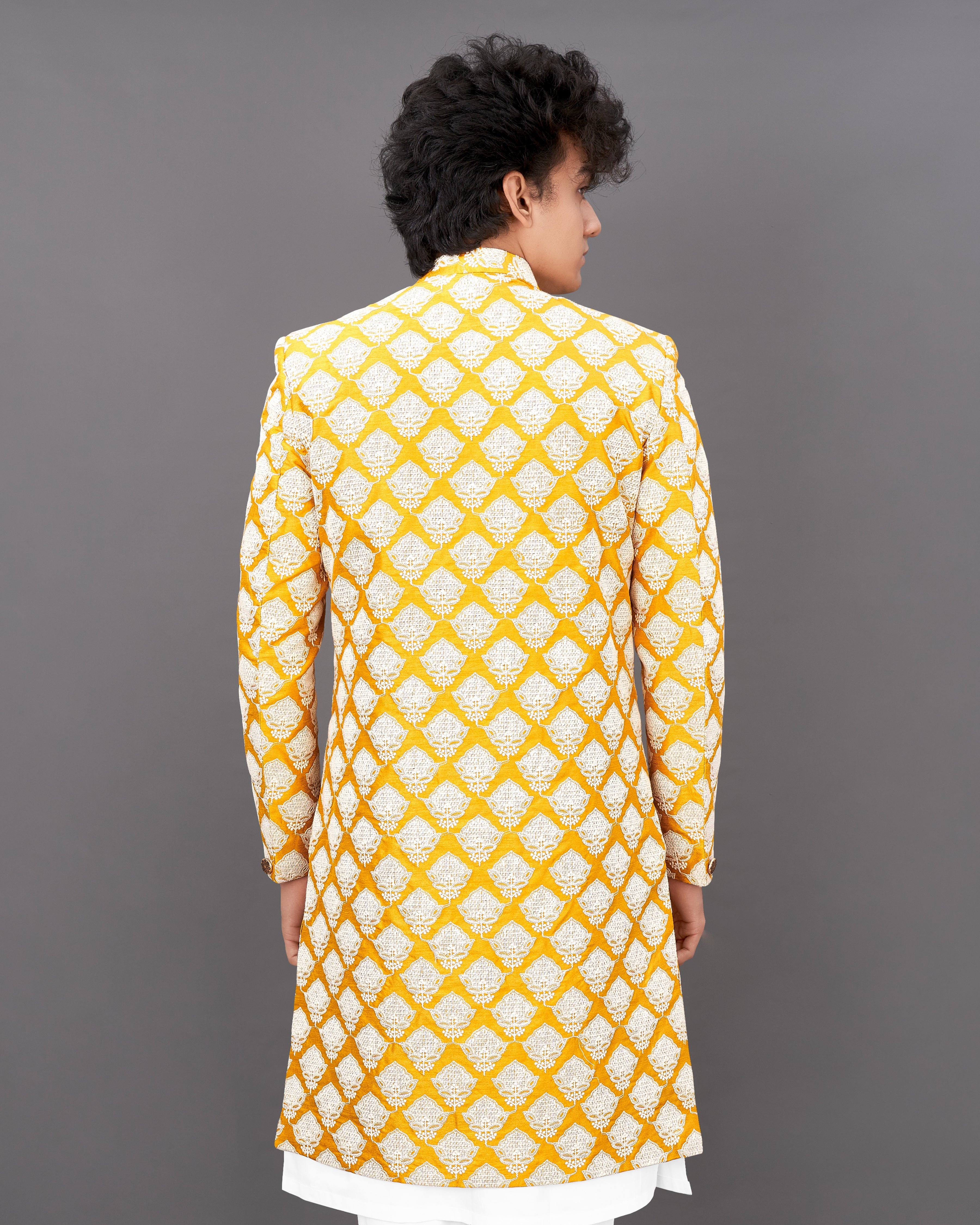Squash Yellow and White and Sequence Embroidered Sherwani with Kurta and Pants Set SHR026-SRW23-36, SHR026-SRW23-38, SHR026-SRW23-40, SHR026-SRW23-42, SHR026-SRW23-44, SHR026-SRW23-46, SHR026-SRW23-48, SHR026-SRW23-50, SHR026-SRW23-52, SHR026-SRW23-54, SHR026-SRW23-56, SHR026-SRW23-58, SHR026-SRW23-60