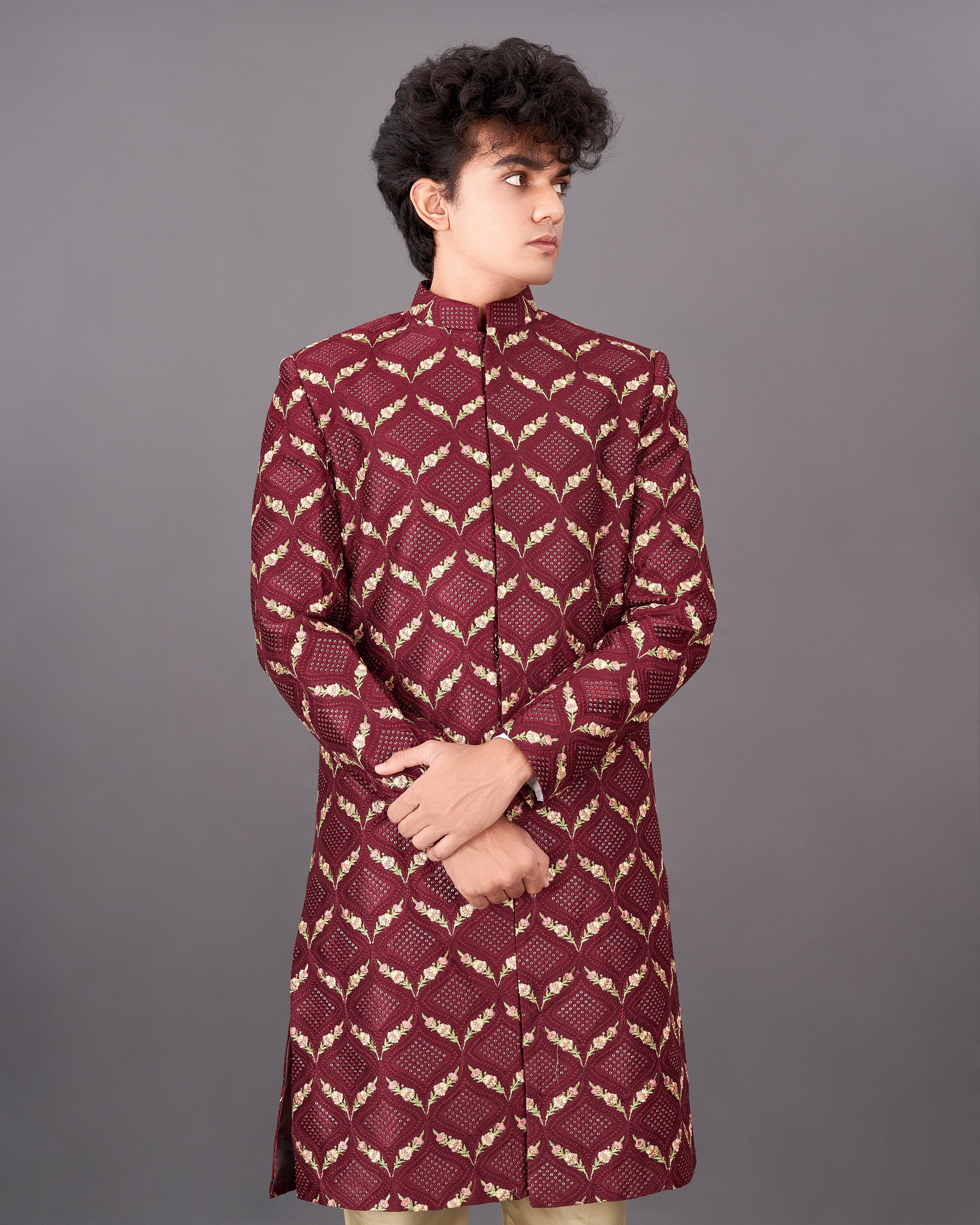 Wine Embroidered with Tikki Work Sherwani with Kurta and Pants Set SHR028-SRW30-36, SHR028-SRW30-38, SHR028-SRW30-40, SHR028-SRW30-42, SHR028-SRW30-44, SHR028-SRW30-46, SHR028-SRW30-48, SHR028-SRW30-50, SHR028-SRW30-52, SHR028-SRW30-54, SHR028-SRW30-56, SHR028-SRW30-58, SHR028-SRW30-60