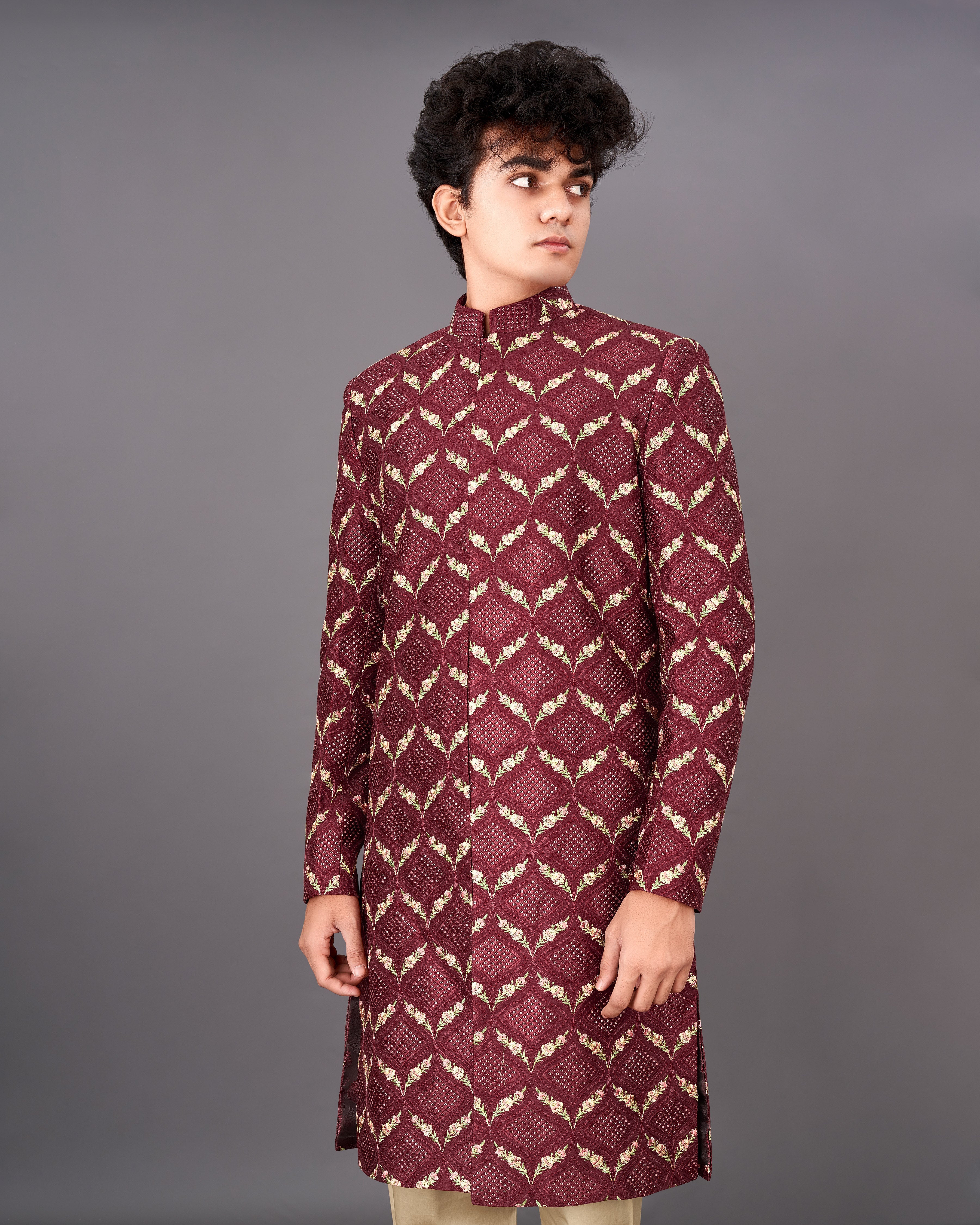 Wine Embroidered with Tikki Work Sherwani with Kurta and Pants Set SHR028-SRW30-36, SHR028-SRW30-38, SHR028-SRW30-40, SHR028-SRW30-42, SHR028-SRW30-44, SHR028-SRW30-46, SHR028-SRW30-48, SHR028-SRW30-50, SHR028-SRW30-52, SHR028-SRW30-54, SHR028-SRW30-56, SHR028-SRW30-58, SHR028-SRW30-60