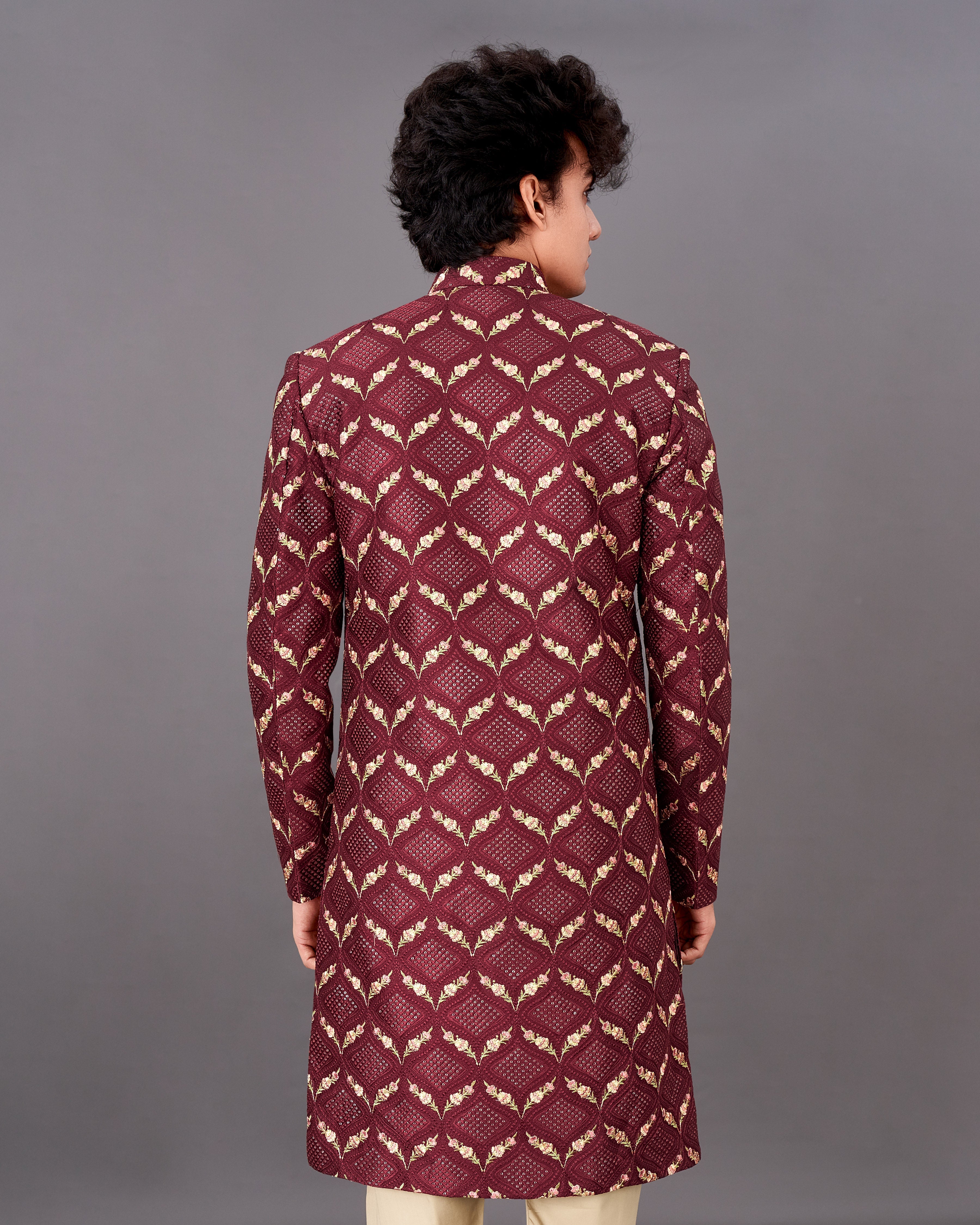 Wine Embroidered with Tikki Work Sherwani with Kurta and Pants Set SHR028-SRW30-36, SHR028-SRW30-38, SHR028-SRW30-40, SHR028-SRW30-42, SHR028-SRW30-44, SHR028-SRW30-46, SHR028-SRW30-48, SHR028-SRW30-50, SHR028-SRW30-52, SHR028-SRW30-54, SHR028-SRW30-56, SHR028-SRW30-58, SHR028-SRW30-60