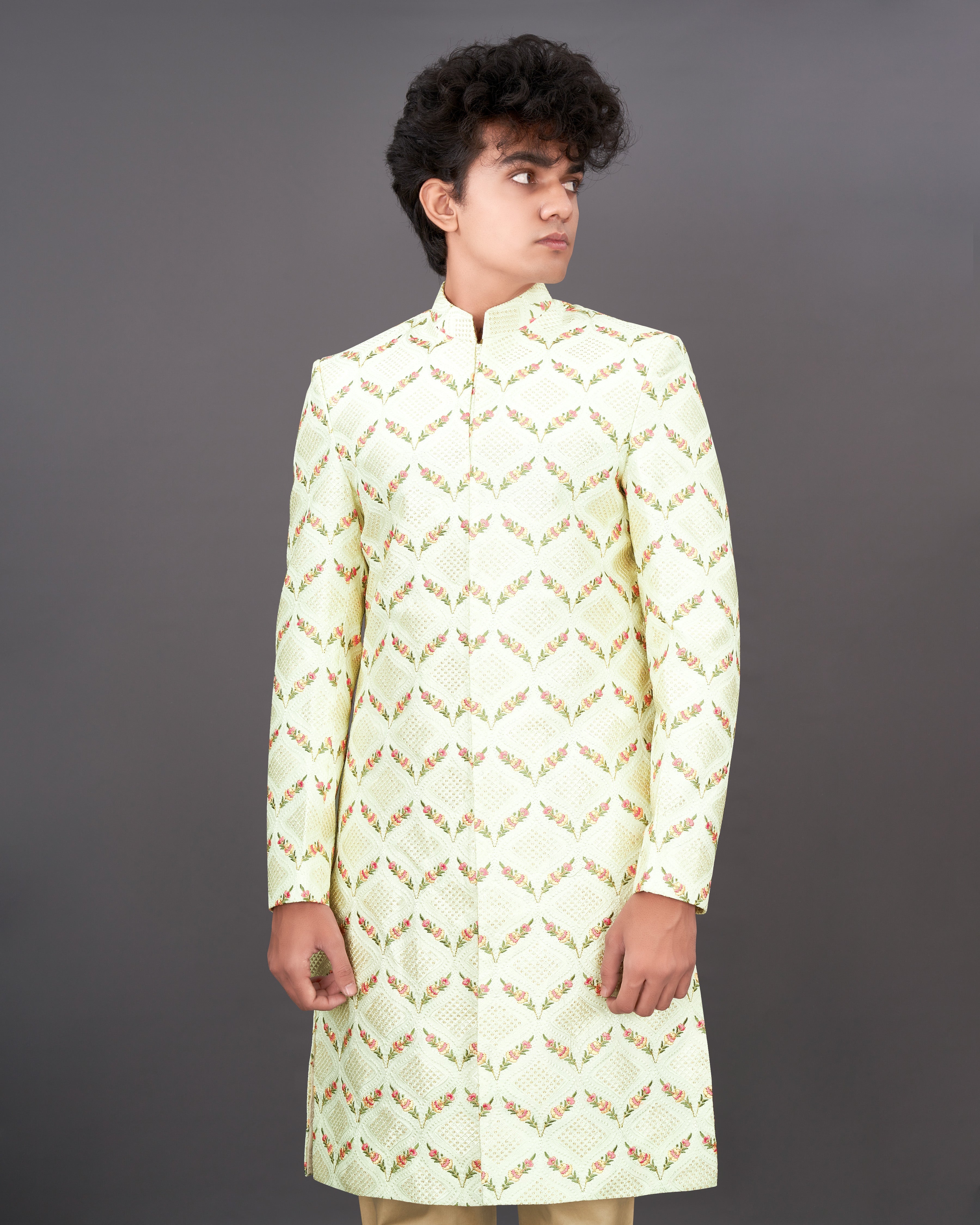 Albescent Cream Embroidered with Tikki Work Sherwani with Kurta and Pants Set