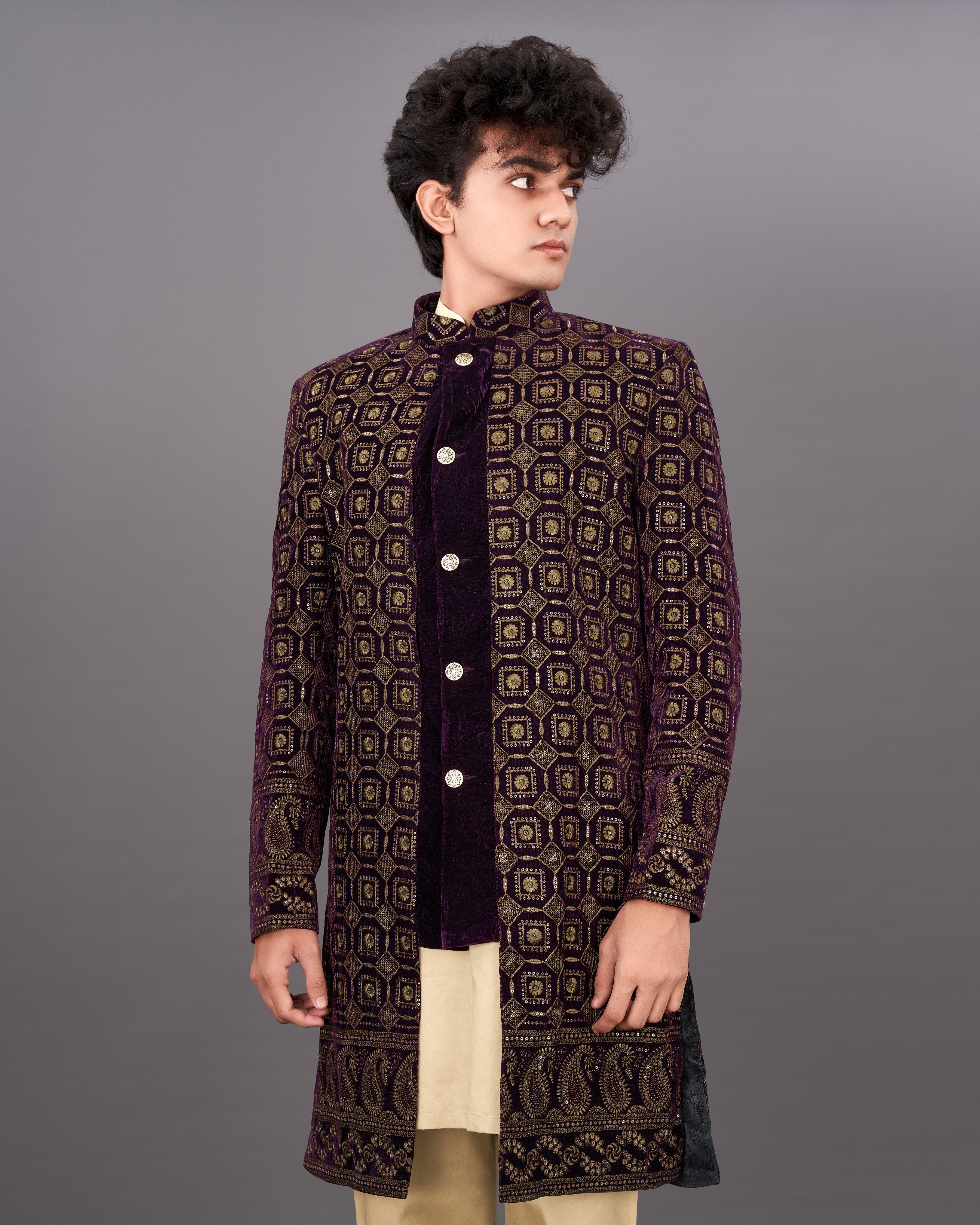 Ebony Maroon with Mocha Brown Heavyweight Embroidered Indo-Western with Kurta and Pants Set SHR032-SRW32-36, SHR032-SRW32-38, SHR032-SRW32-40, SHR032-SRW32-42, SHR032-SRW32-44, SHR032-SRW32-46, SHR032-SRW32-48, SHR032-SRW32-50, SHR032-SRW32-52, SHR032-SRW32-54, SHR032-SRW32-56, SHR032-SRW32-58, SHR032-SRW32-60