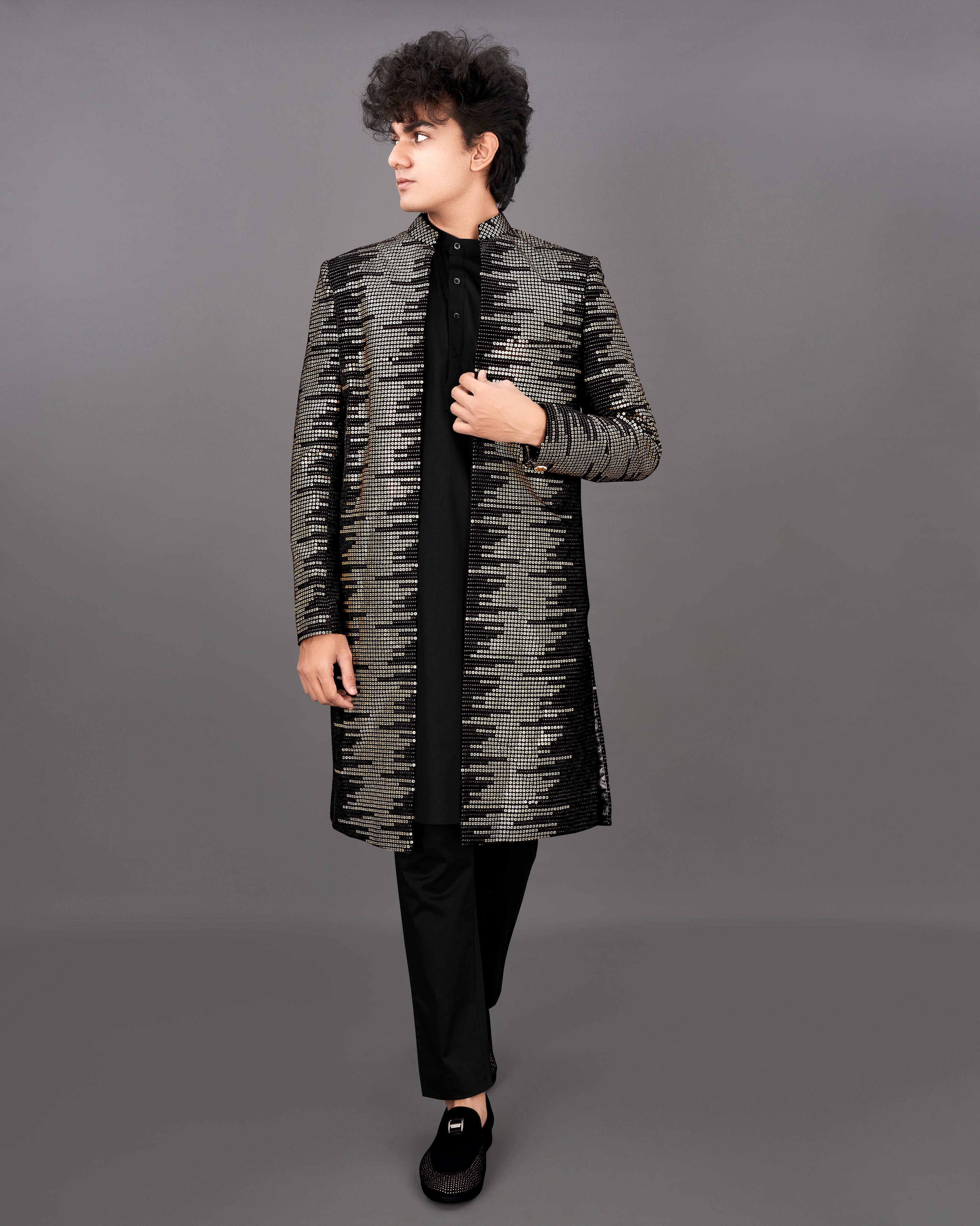 Jade Black and Sequence Embroidered Sherwani with Kurta and Pants Set SH034-SRW24-36, SH034-SRW24-38, SH034-SRW24-40, SH034-SRW24-42, SH034-SRW24-44, SH034-SRW24-46, SH034-SRW24-48, SH034-SRW24-50, SH034-SRW24-52, SH034-SRW24-54, SH034-SRW24-56, SH034-SRW24-58, SH034-SRW24-60
