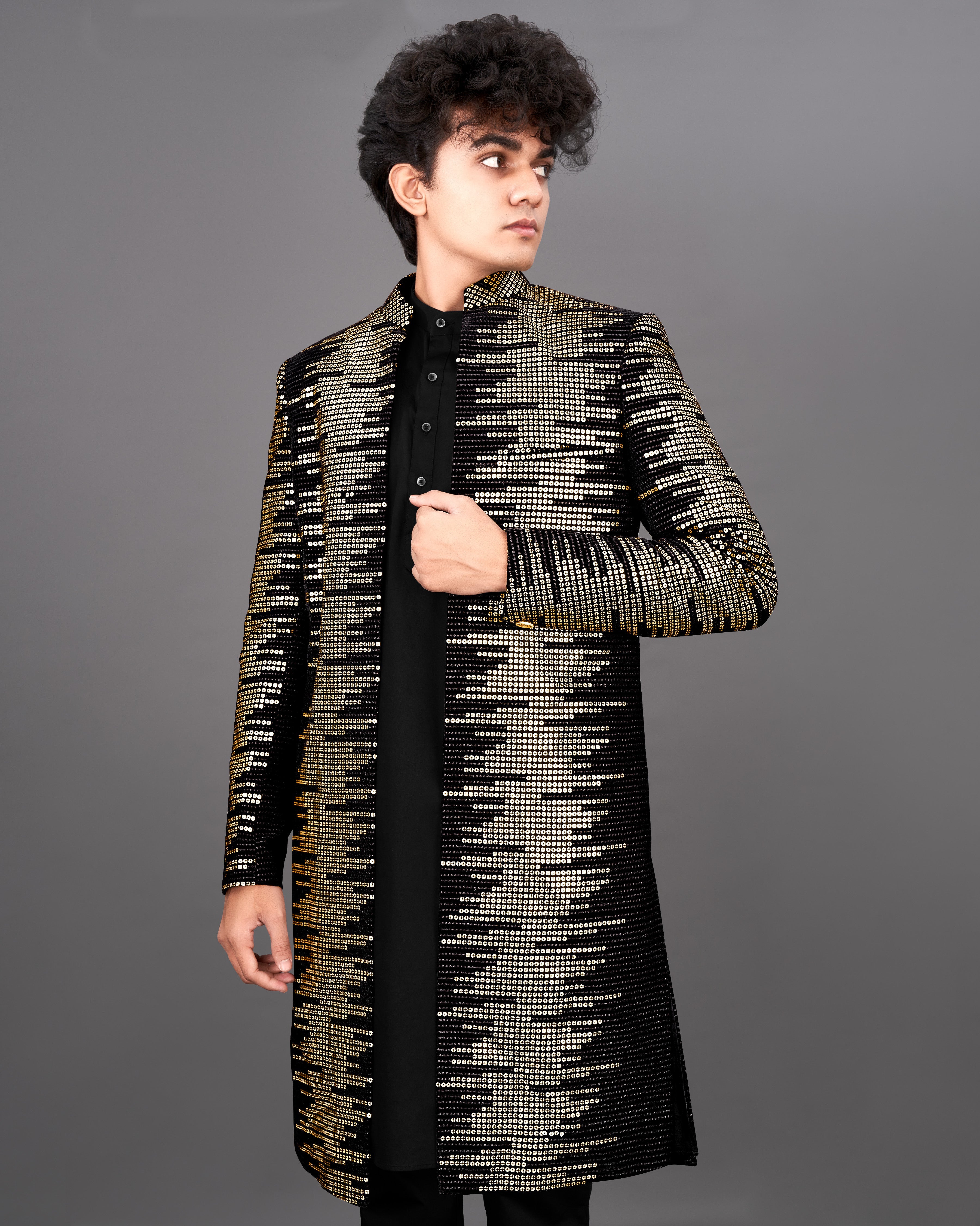 Jade Black and Sequence Embroidered Sherwani with Kurta and Pants Set SH034-SRW24-36, SH034-SRW24-38, SH034-SRW24-40, SH034-SRW24-42, SH034-SRW24-44, SH034-SRW24-46, SH034-SRW24-48, SH034-SRW24-50, SH034-SRW24-52, SH034-SRW24-54, SH034-SRW24-56, SH034-SRW24-58, SH034-SRW24-60