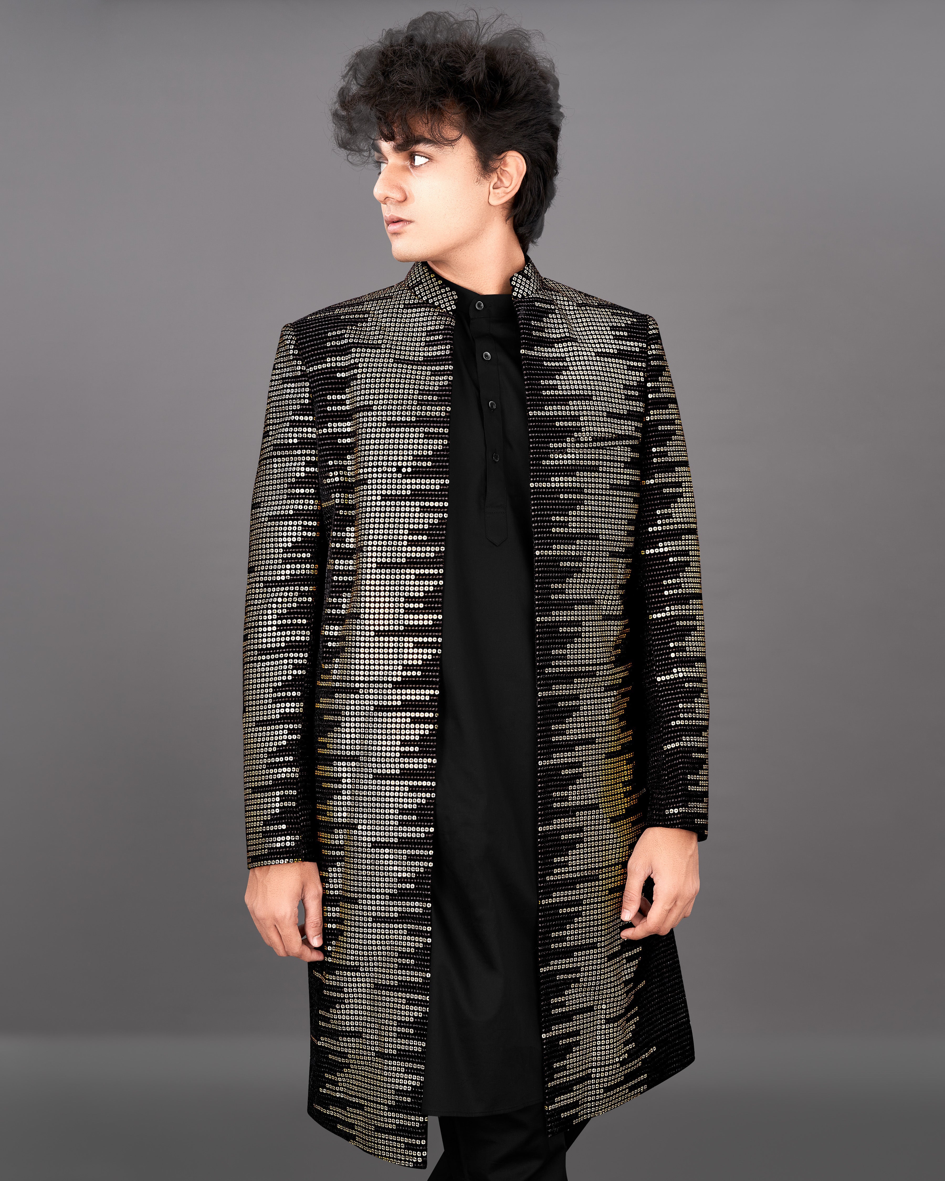 Jade Black and Sequence Embroidered Sherwani with Kurta and Pants Set SH034-SRW24-36, SH034-SRW24-38, SH034-SRW24-40, SH034-SRW24-42, SH034-SRW24-44, SH034-SRW24-46, SH034-SRW24-48, SH034-SRW24-50, SH034-SRW24-52, SH034-SRW24-54, SH034-SRW24-56, SH034-SRW24-58, SH034-SRW24-60