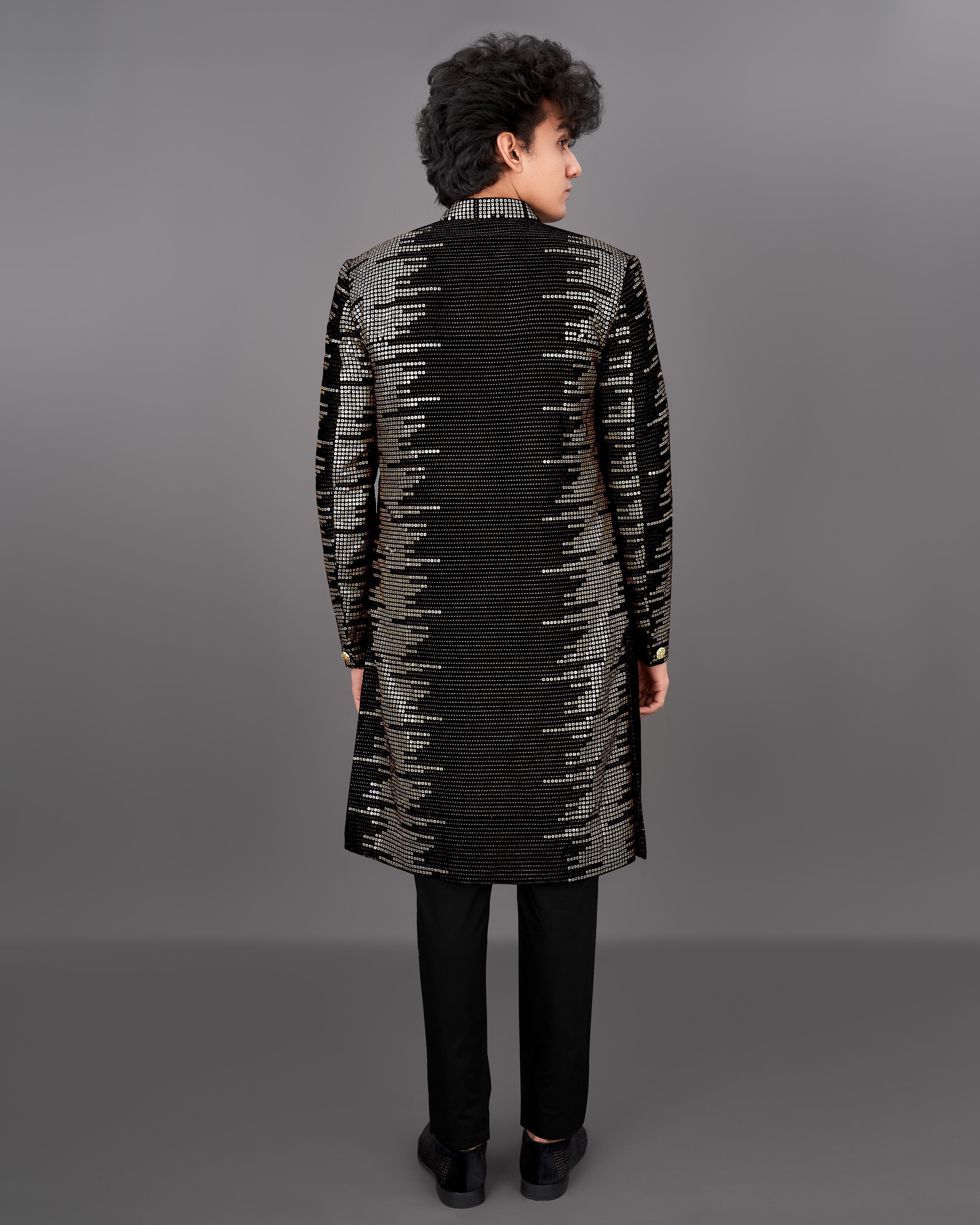 Jade Black and Sequence Embroidered Sherwani with Kurta and Pants Set SH034-SRW24-36, SH034-SRW24-38, SH034-SRW24-40, SH034-SRW24-42, SH034-SRW24-44, SH034-SRW24-46, SH034-SRW24-48, SH034-SRW24-50, SH034-SRW24-52, SH034-SRW24-54, SH034-SRW24-56, SH034-SRW24-58, SH034-SRW24-60