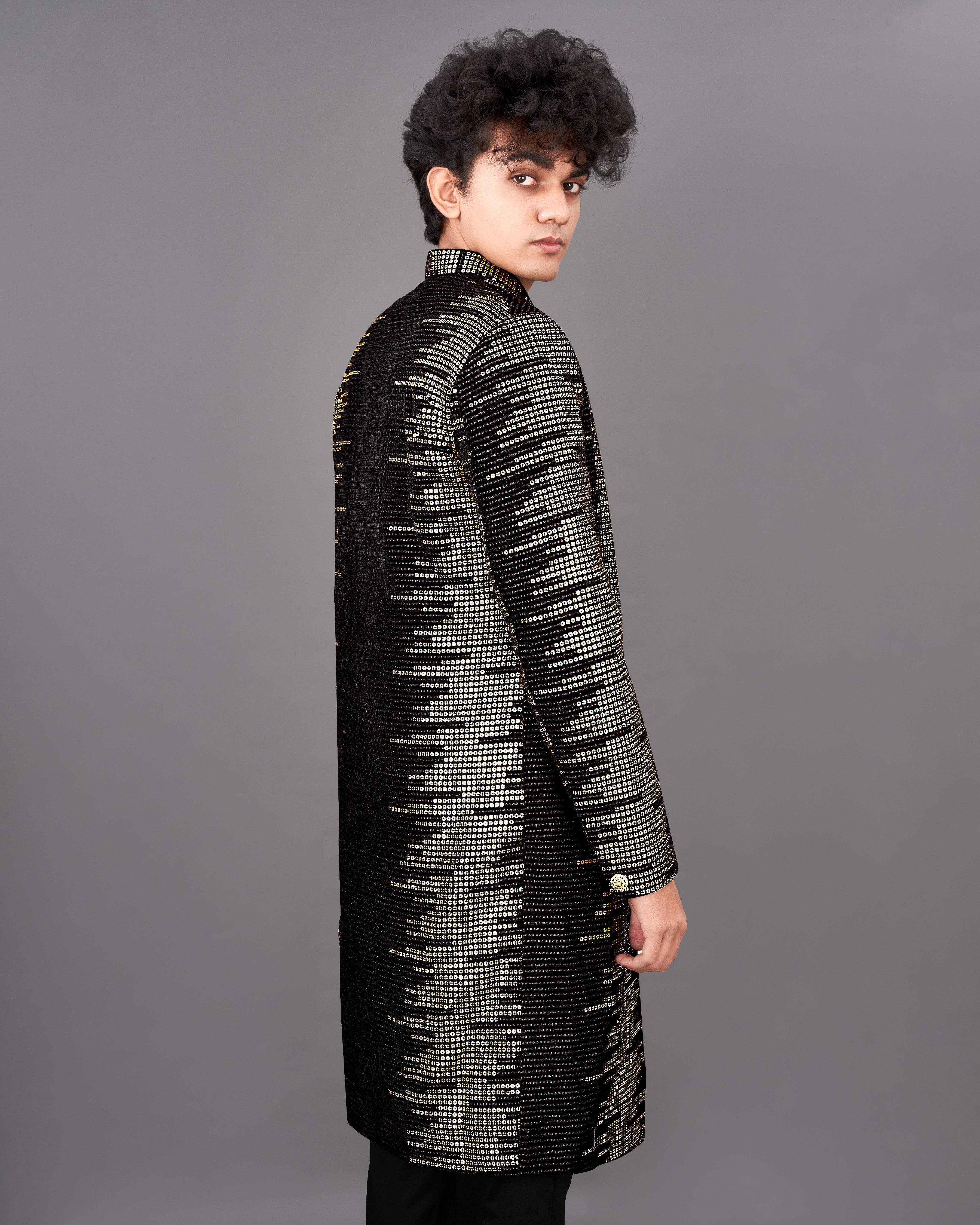 Jade Black and Sequence Embroidered Sherwani with Kurta and Pants Set SH034-SRW24-36, SH034-SRW24-38, SH034-SRW24-40, SH034-SRW24-42, SH034-SRW24-44, SH034-SRW24-46, SH034-SRW24-48, SH034-SRW24-50, SH034-SRW24-52, SH034-SRW24-54, SH034-SRW24-56, SH034-SRW24-58, SH034-SRW24-60