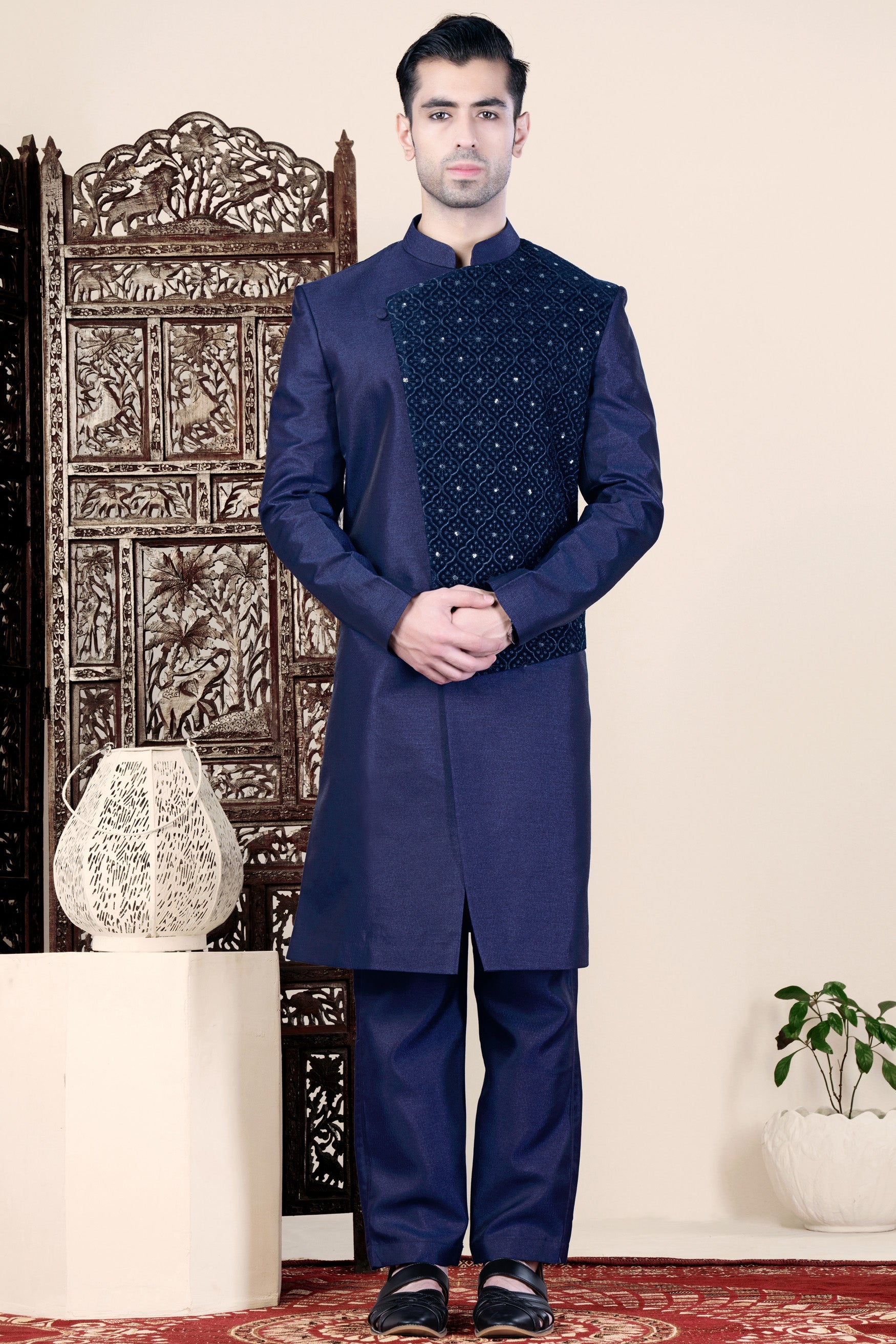 Cloud Burst and Haiti Blue Moroccan Thread and Sequin Embroidered Indo-Western Set