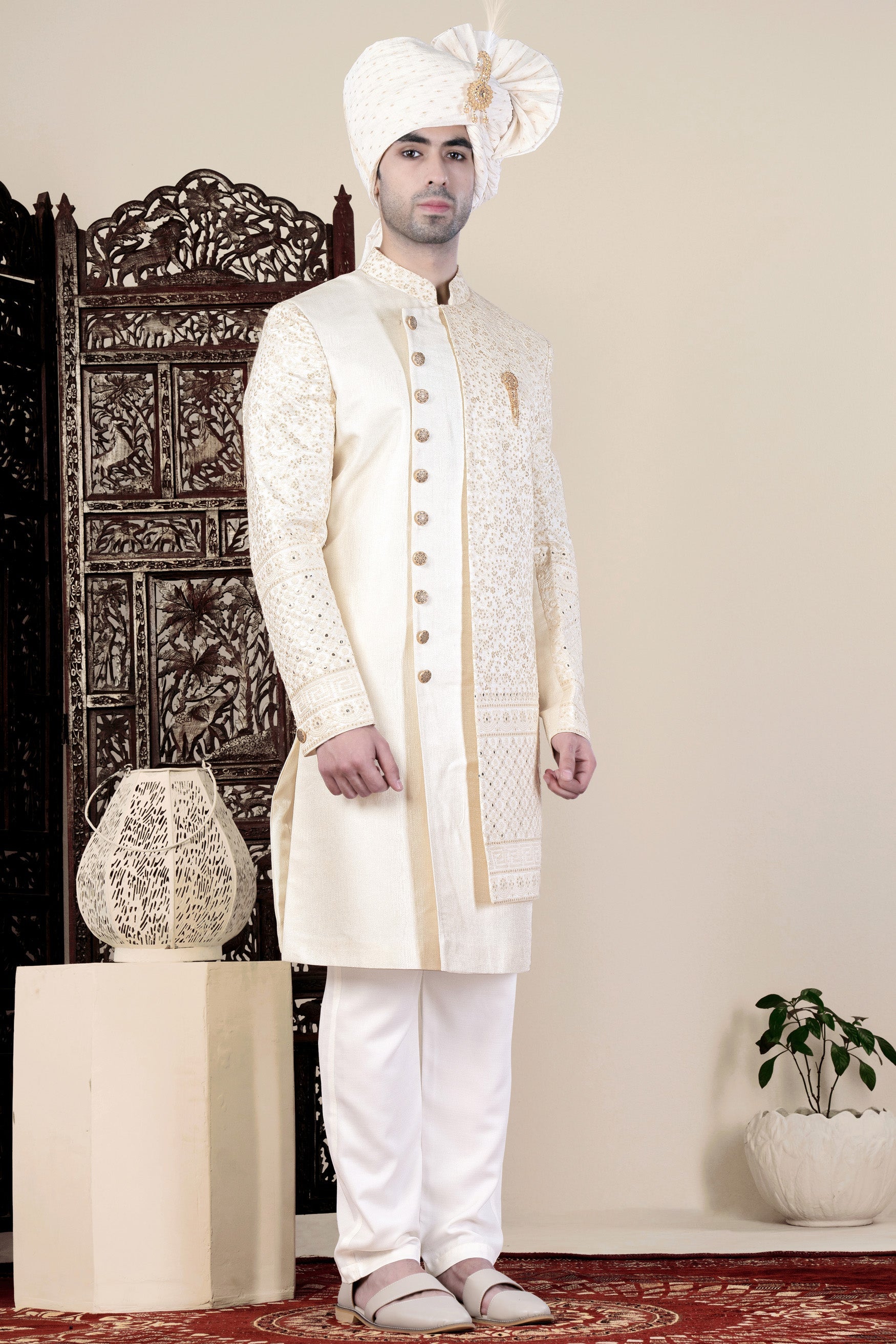 Parchment Cream Thread and Sequin Embroidered Indo-Western Sherwani Set
