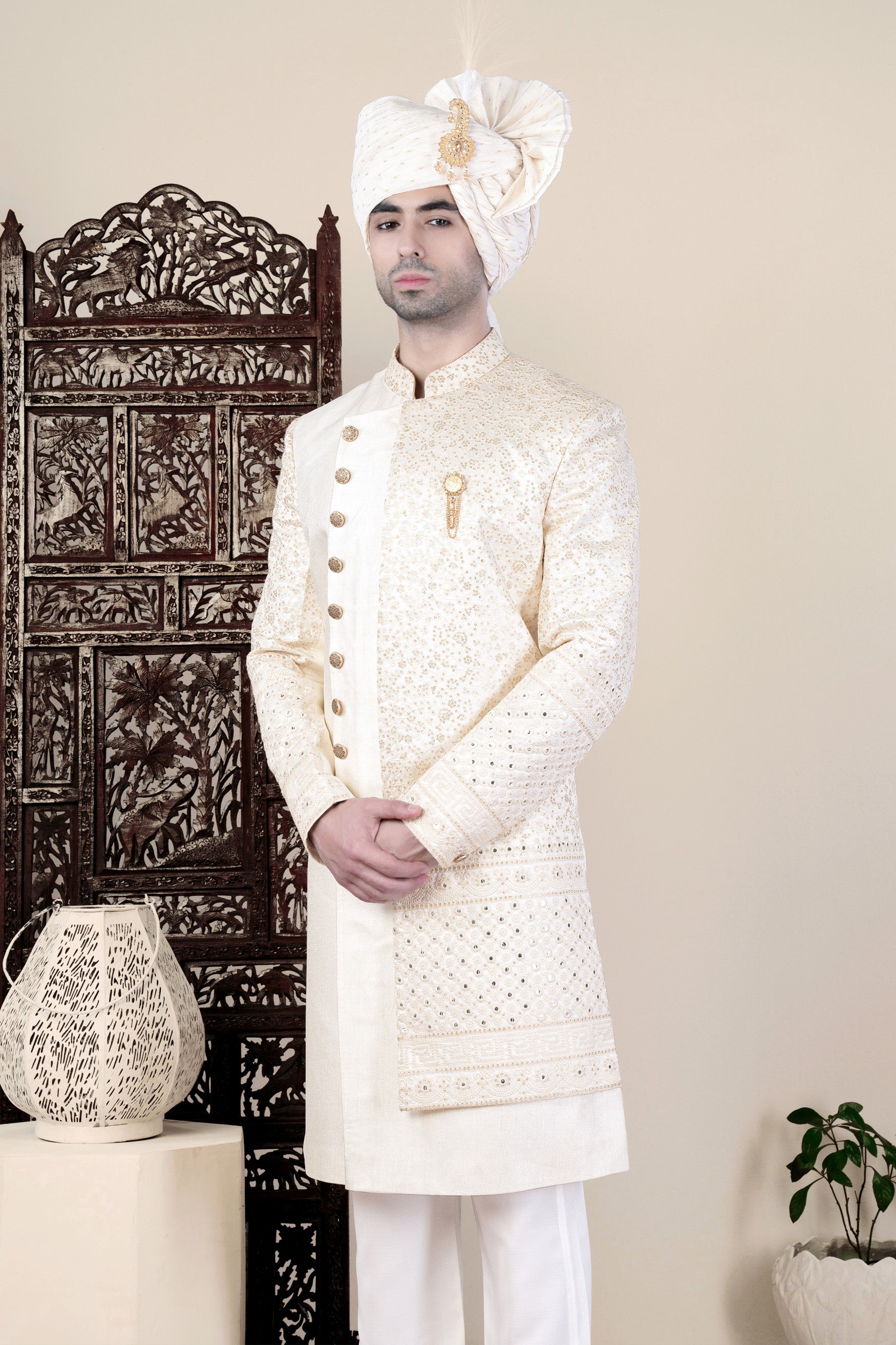 Parchment Cream Thread and Sequin Embroidered Indo-Western Sherwani Set