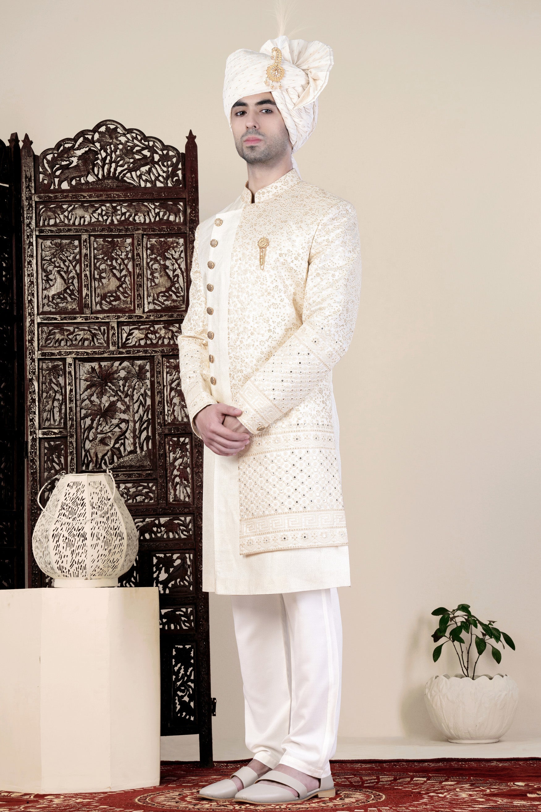 Parchment Cream Thread and Sequin Embroidered Indo-Western Sherwani Set