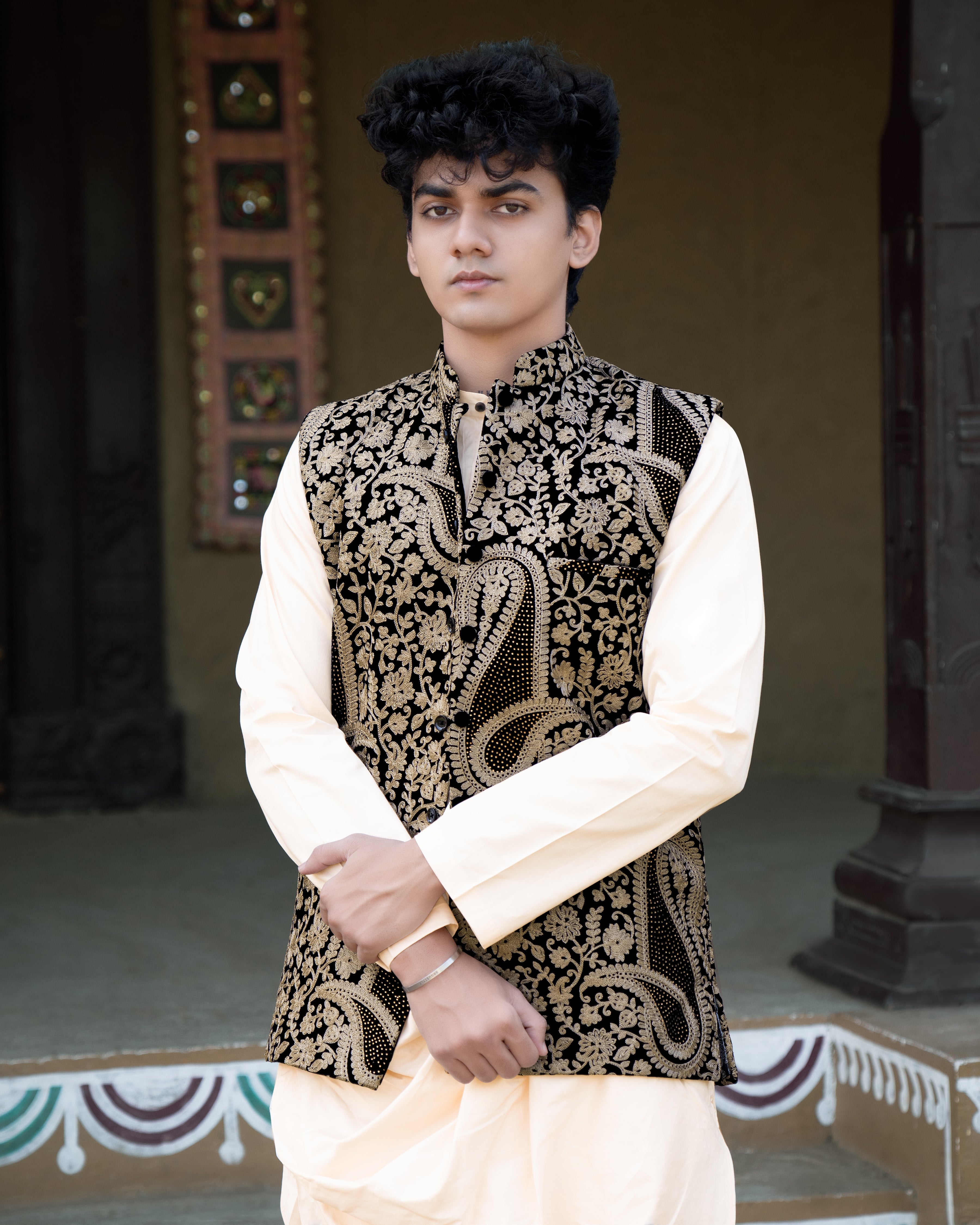 Albescent Beige Velvet Tikki Work with Cotton Embroidered Thread Work Badhgala Sherwani