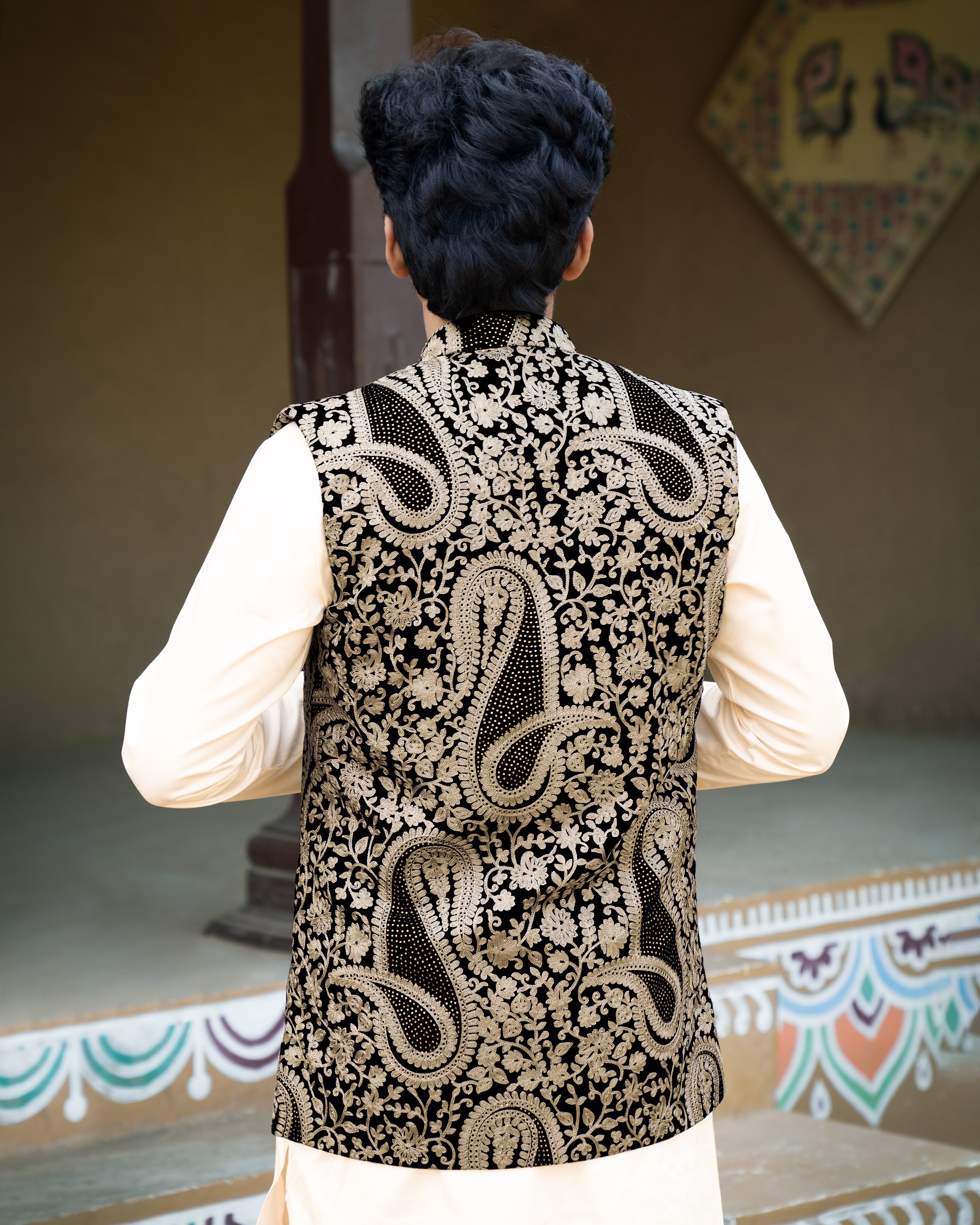Albescent Beige Velvet Tikki Work with Cotton Embroidered Thread Work Badhgala Sherwani