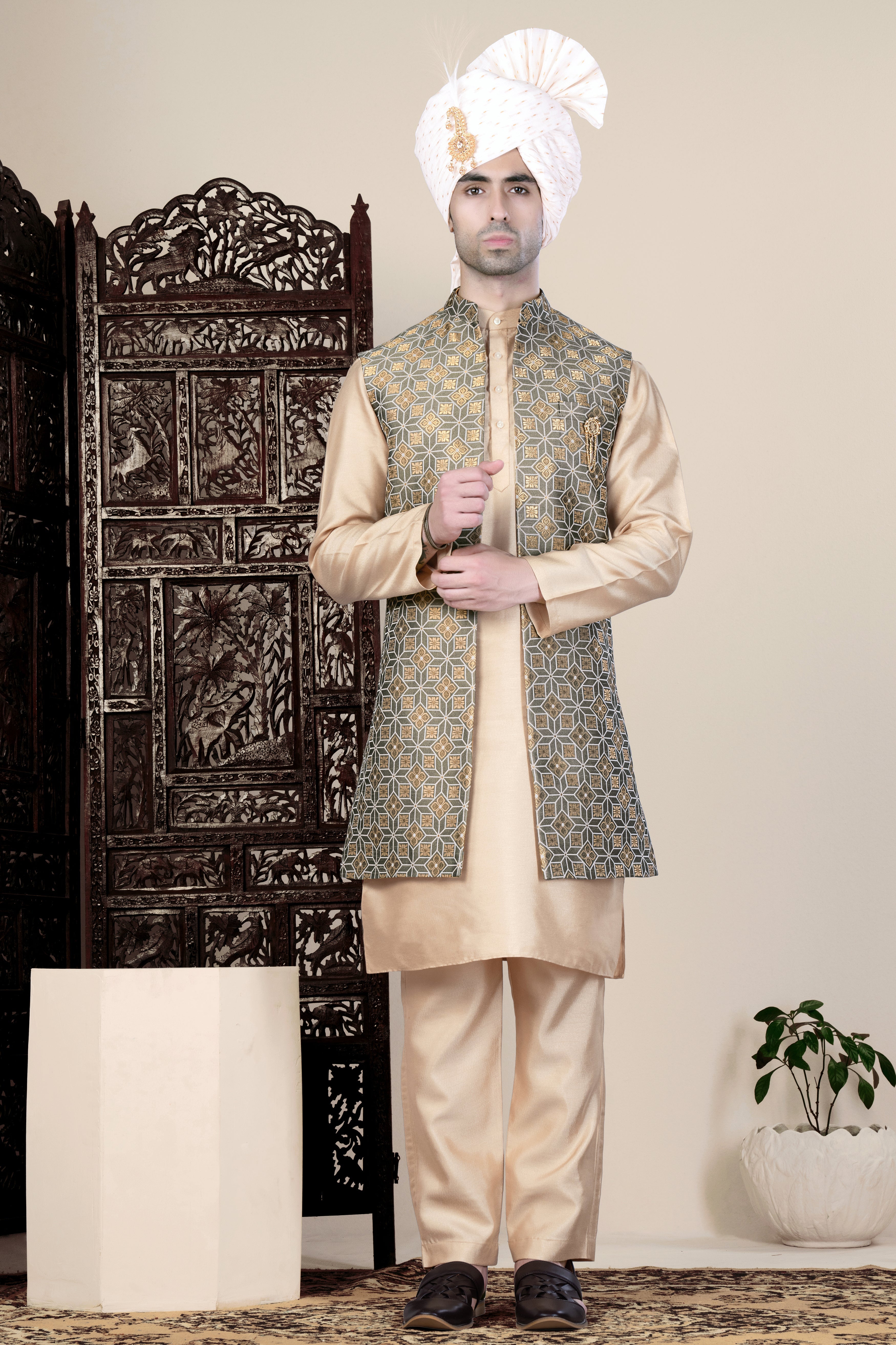 Friar Gray and Pavlova Brown Geometric Pattern Jacquard Weave Long Open Koti with Kurta Set SH92-SRW66-36, SH92-SRW66-38, SH92-SRW66-40, SH92-SRW66-42, SH92-SRW66-44, SH92-SRW66-46, SH92-SRW66-48, SH92-SRW66-50, SH92-SRW66-52, SH92-SRW66-54, SH92-SRW66-56, SH92-SRW66-58, SH92-SRW66-60
