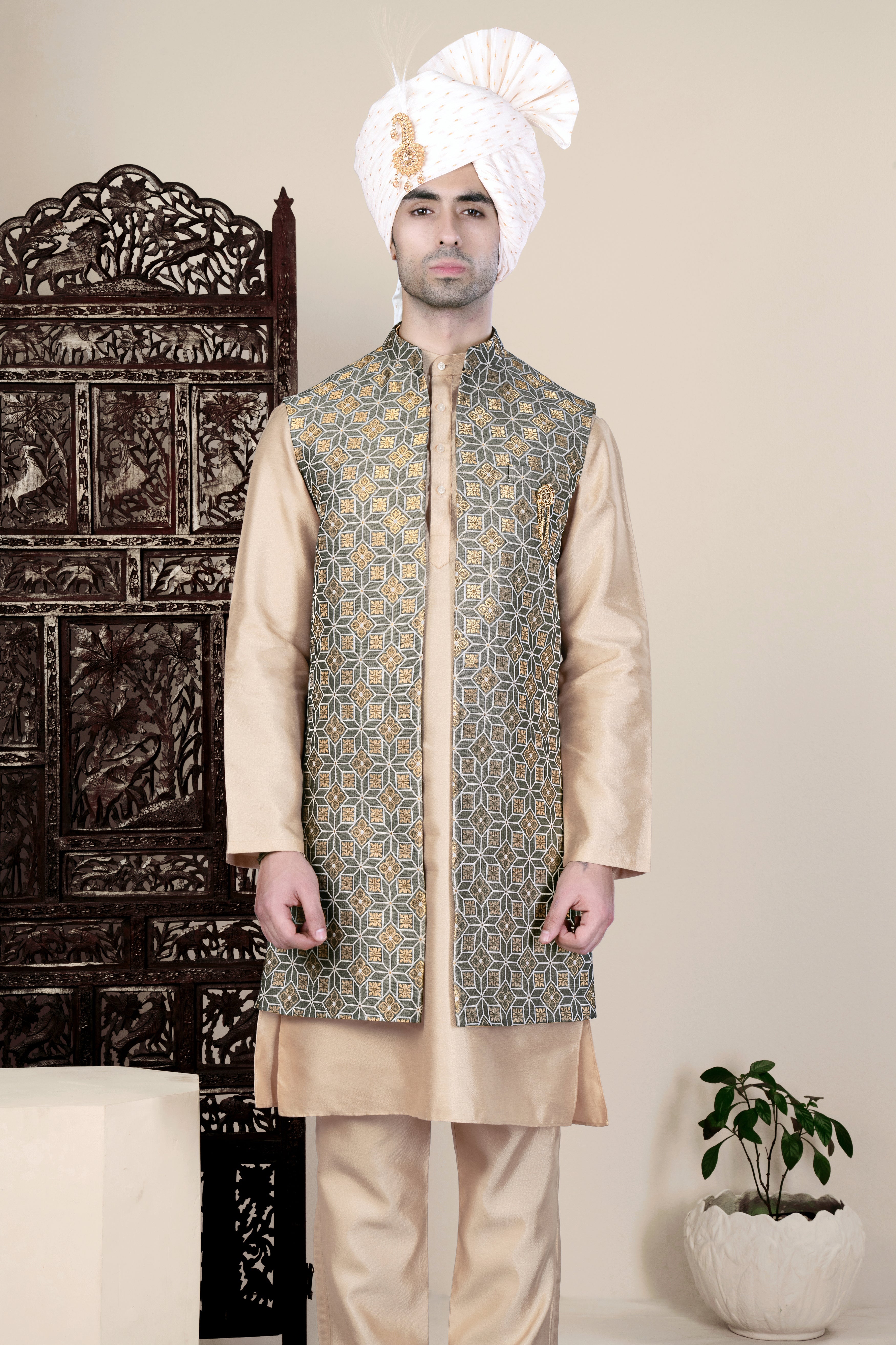 Friar Gray and Pavlova Brown Geometric Pattern Jacquard Weave Long Open Koti with Kurta Set SH92-SRW66-36, SH92-SRW66-38, SH92-SRW66-40, SH92-SRW66-42, SH92-SRW66-44, SH92-SRW66-46, SH92-SRW66-48, SH92-SRW66-50, SH92-SRW66-52, SH92-SRW66-54, SH92-SRW66-56, SH92-SRW66-58, SH92-SRW66-60