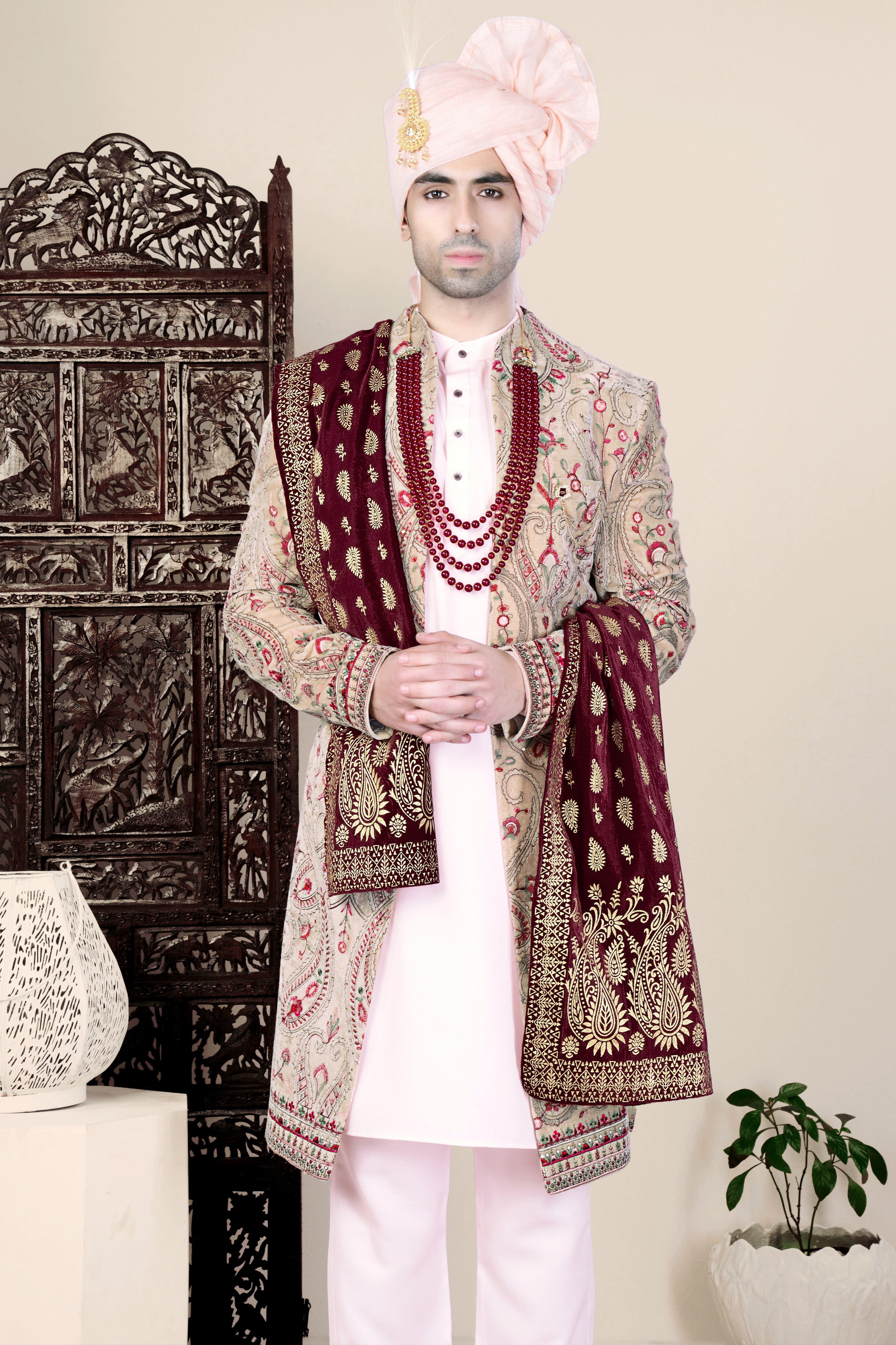 Bisque Brown and Cardinal Pink Floral Thread Embroidered Indo-Western Sherwani Set