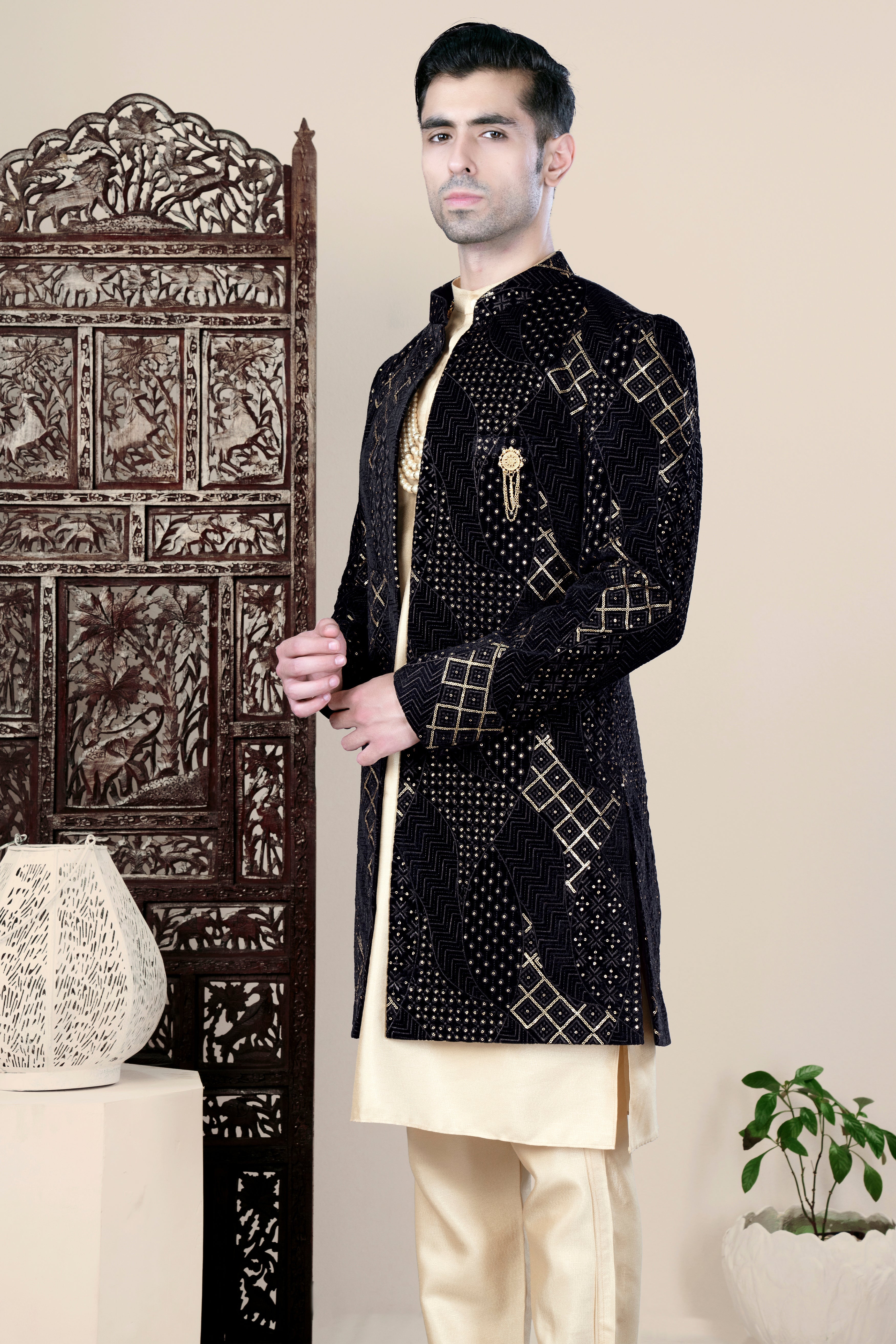 Jade Black Thread and Sequin Embroidered Indo-Western