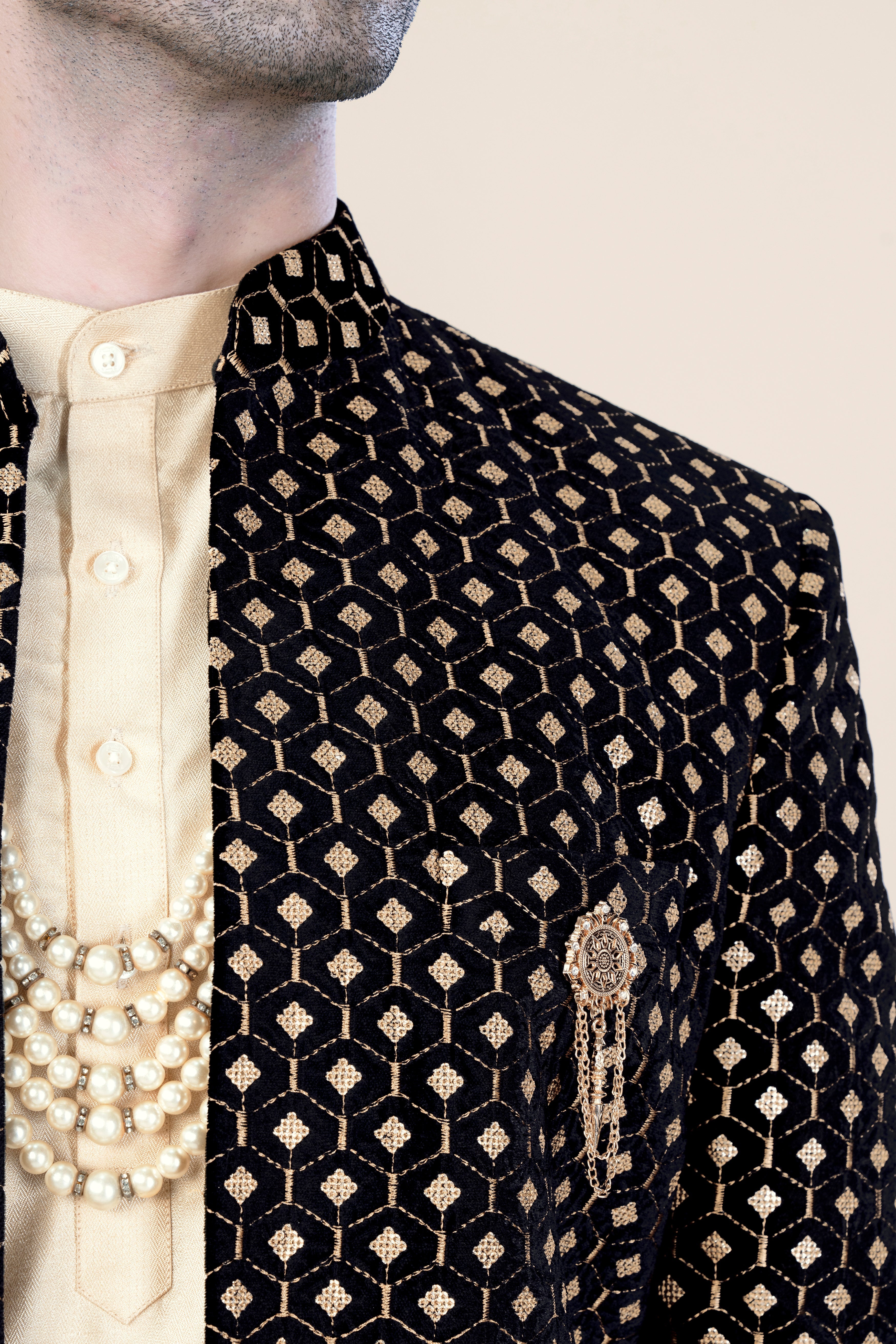 Jade Black and Fawn Brown Geometric Pattern Thread and Sequin Embroidered Indo-Western