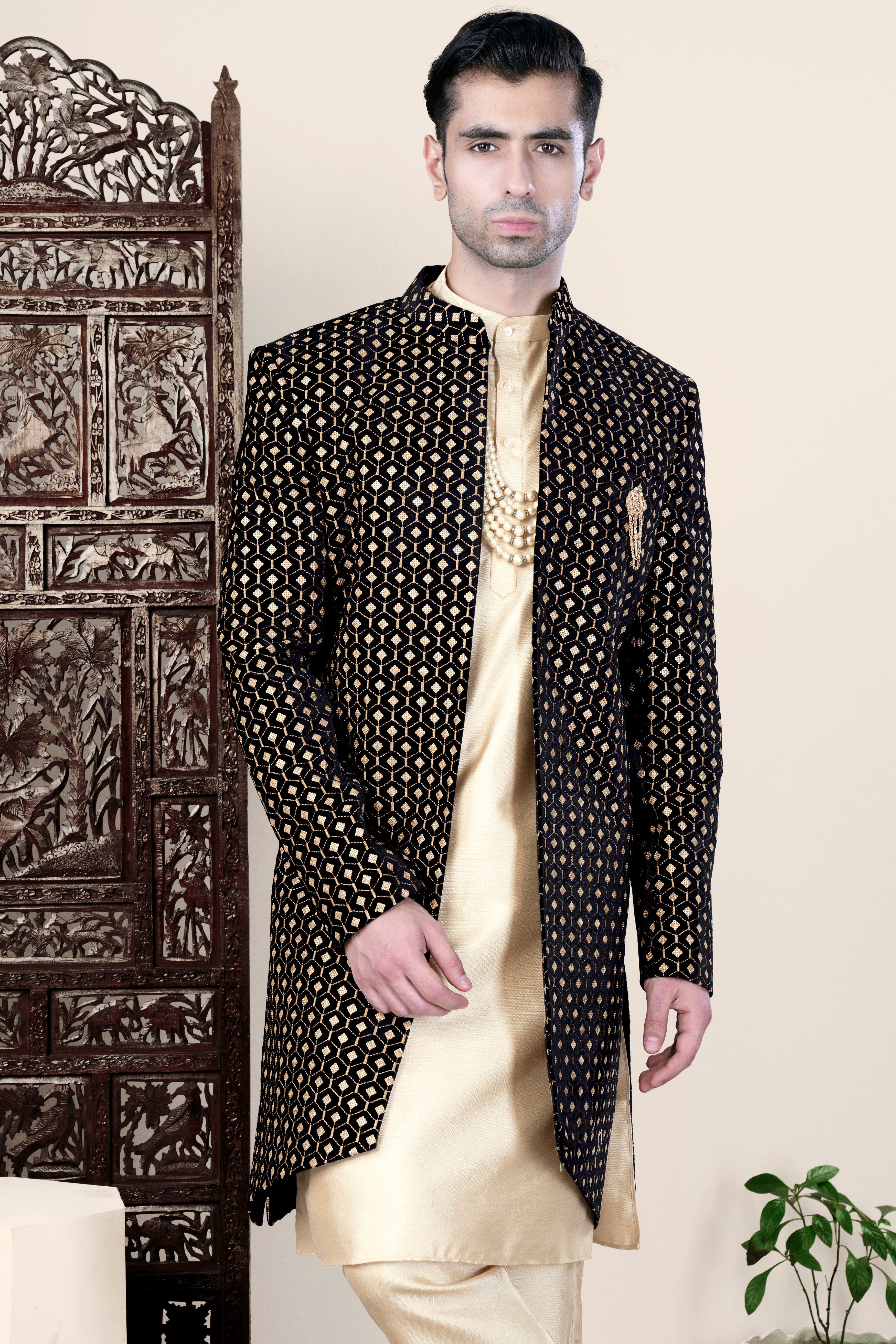 Jade Black and Fawn Brown Geometric Pattern Thread and Sequin Embroidered Indo-Western