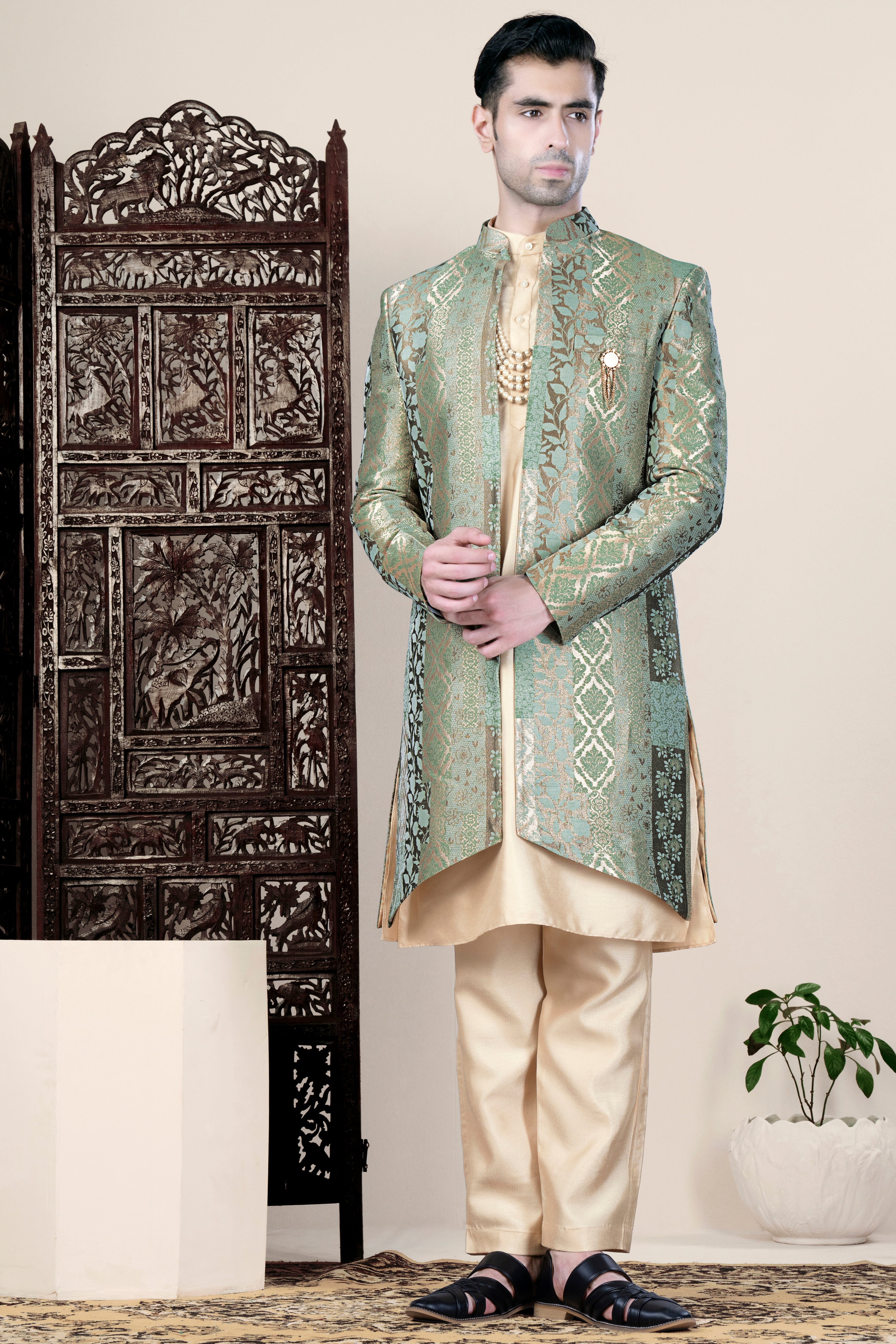 Envy Green and Opium Brown Jacquard Weave Indo-Western