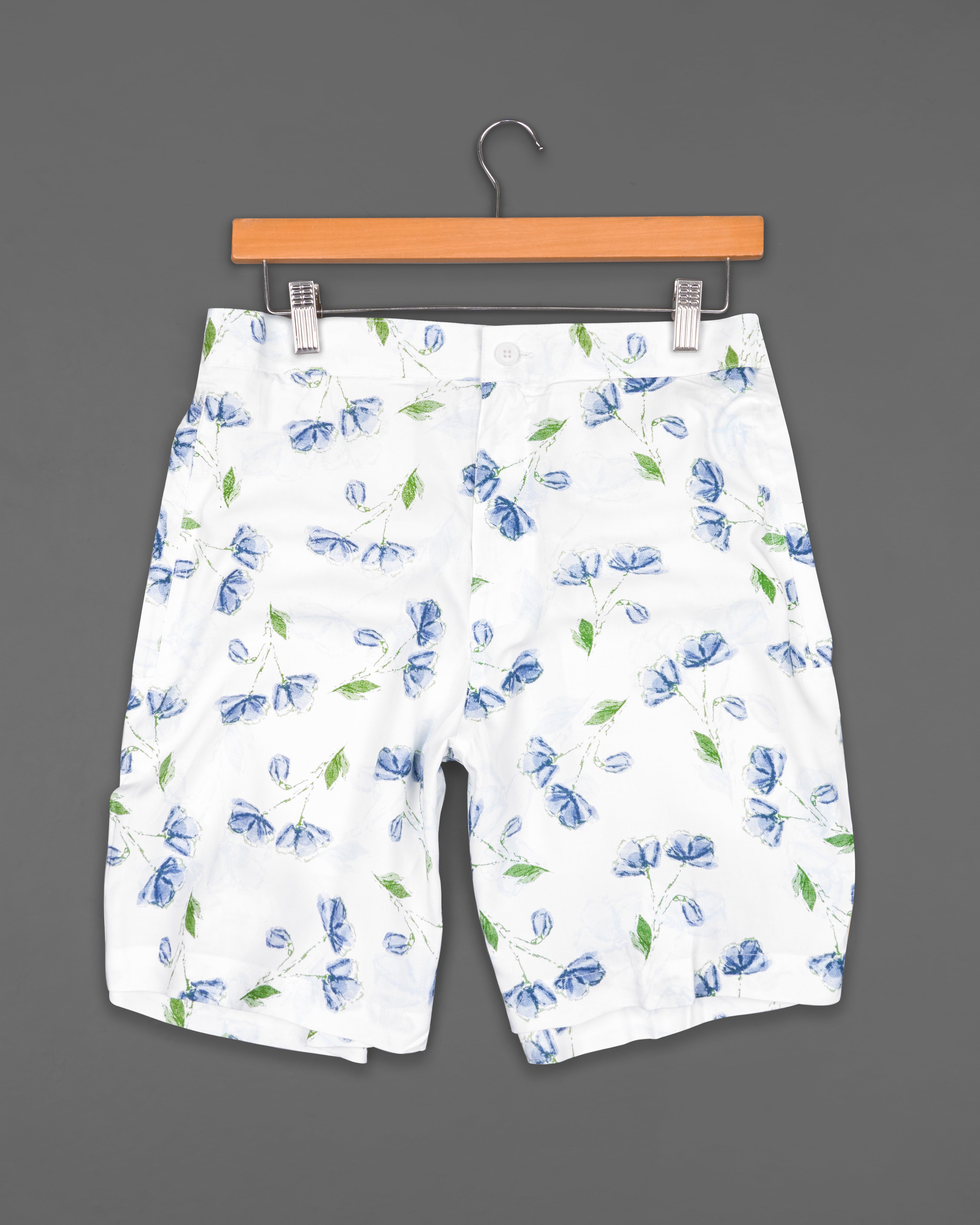 Bright White Floral Printed Premium Cotton Shorts SR190-28, SR190-30, SR190-32, SR190-34, SR190-36, SR190-38, SR190-40, SR190-42, SR190-44