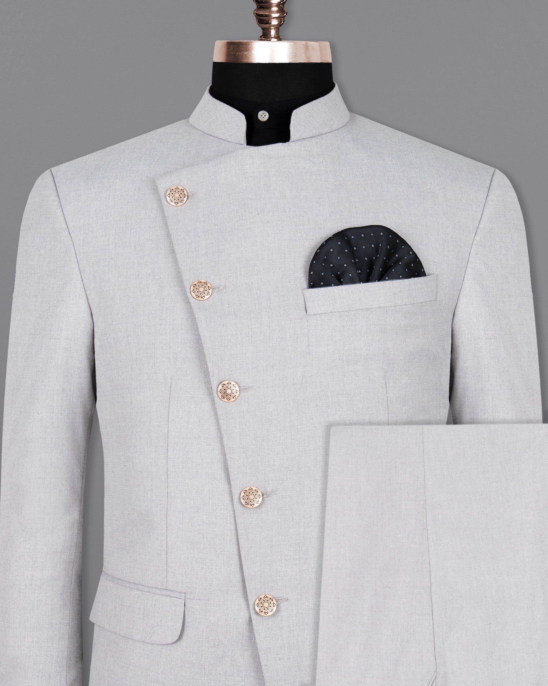 Mischka Grey Cross Buttoned Bandhgala/Mandarin Woolrich Suit ST1300-CBG-36, ST1300-CBG-38, ST1300-CBG-40, ST1300-CBG-42, ST1300-CBG-44, ST1300-CBG-46, ST1300-CBG-48, ST1300-CBG-50, ST1300-CBG-56, ST1300-CBG-52, ST1300-CBG-54, ST1300-CBG-58, ST1300-CBG-60