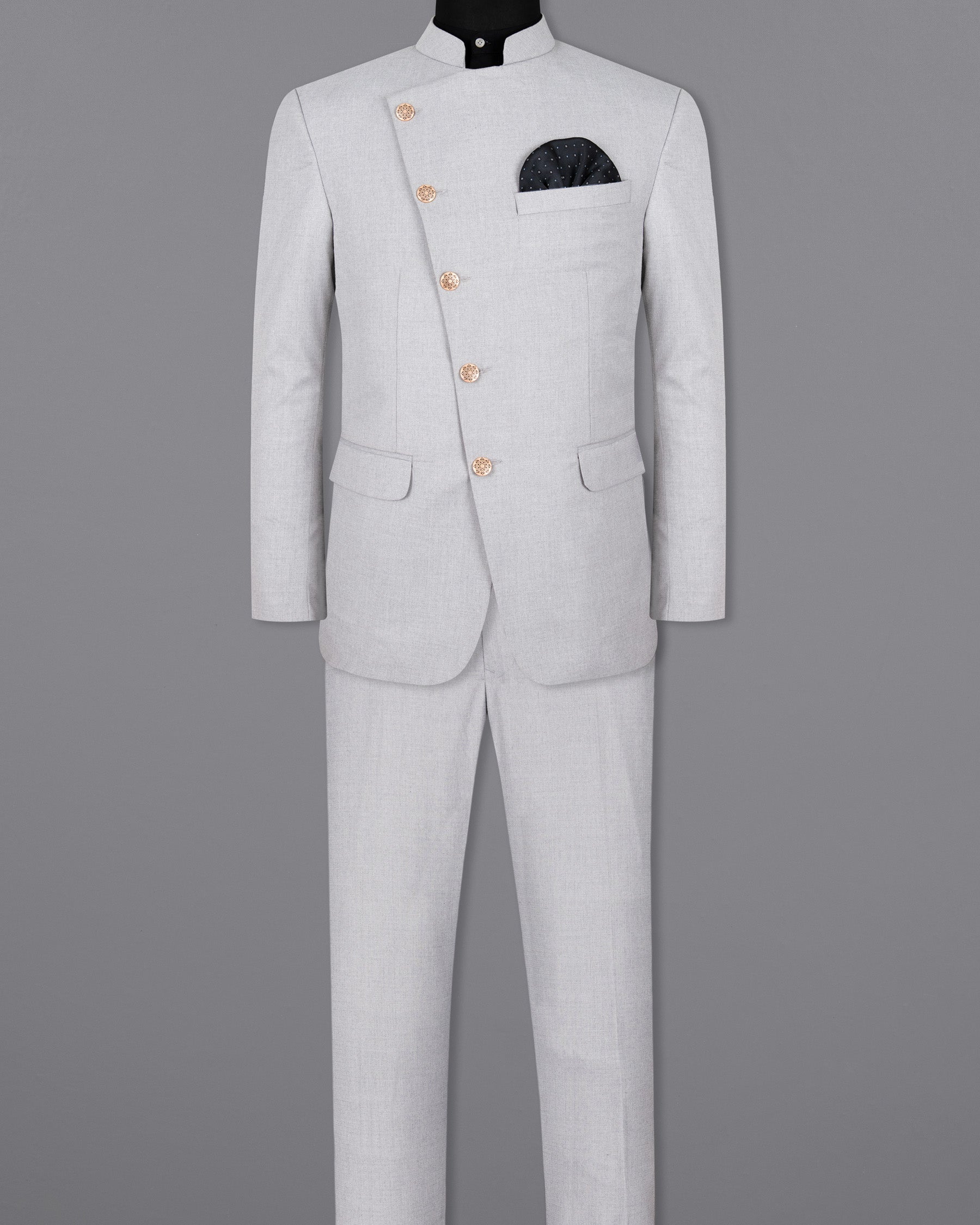 Mischka Grey Cross Buttoned Bandhgala/Mandarin Woolrich Suit ST1300-CBG-36, ST1300-CBG-38, ST1300-CBG-40, ST1300-CBG-42, ST1300-CBG-44, ST1300-CBG-46, ST1300-CBG-48, ST1300-CBG-50, ST1300-CBG-56, ST1300-CBG-52, ST1300-CBG-54, ST1300-CBG-58, ST1300-CBG-60