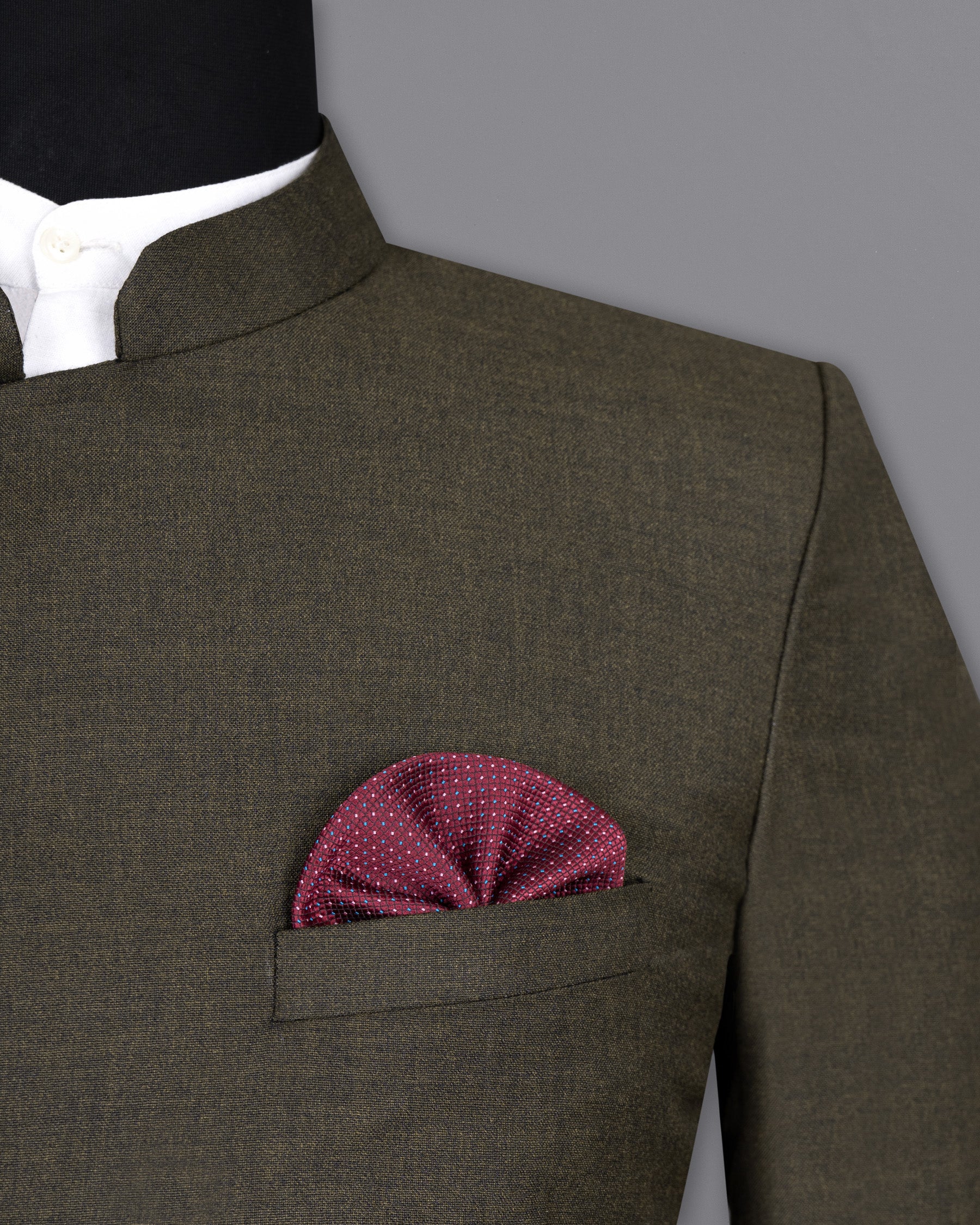 Merlin Green Cross Placket Bandhgala Wool Rich Suit