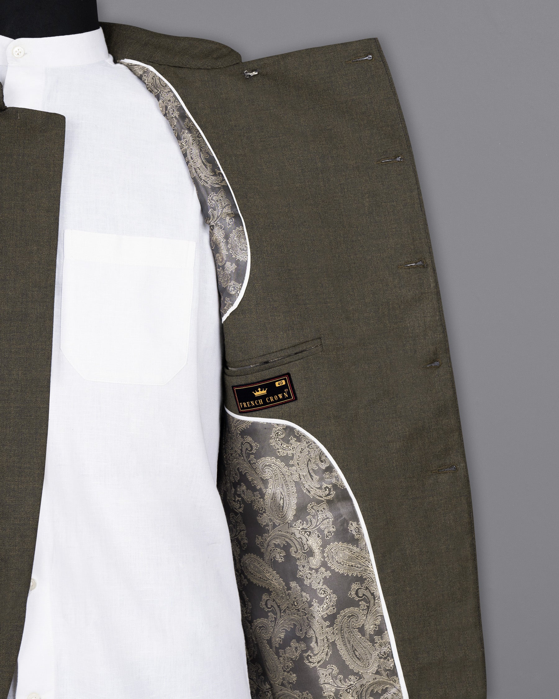 Merlin Green Cross Placket Bandhgala Wool Rich Suit