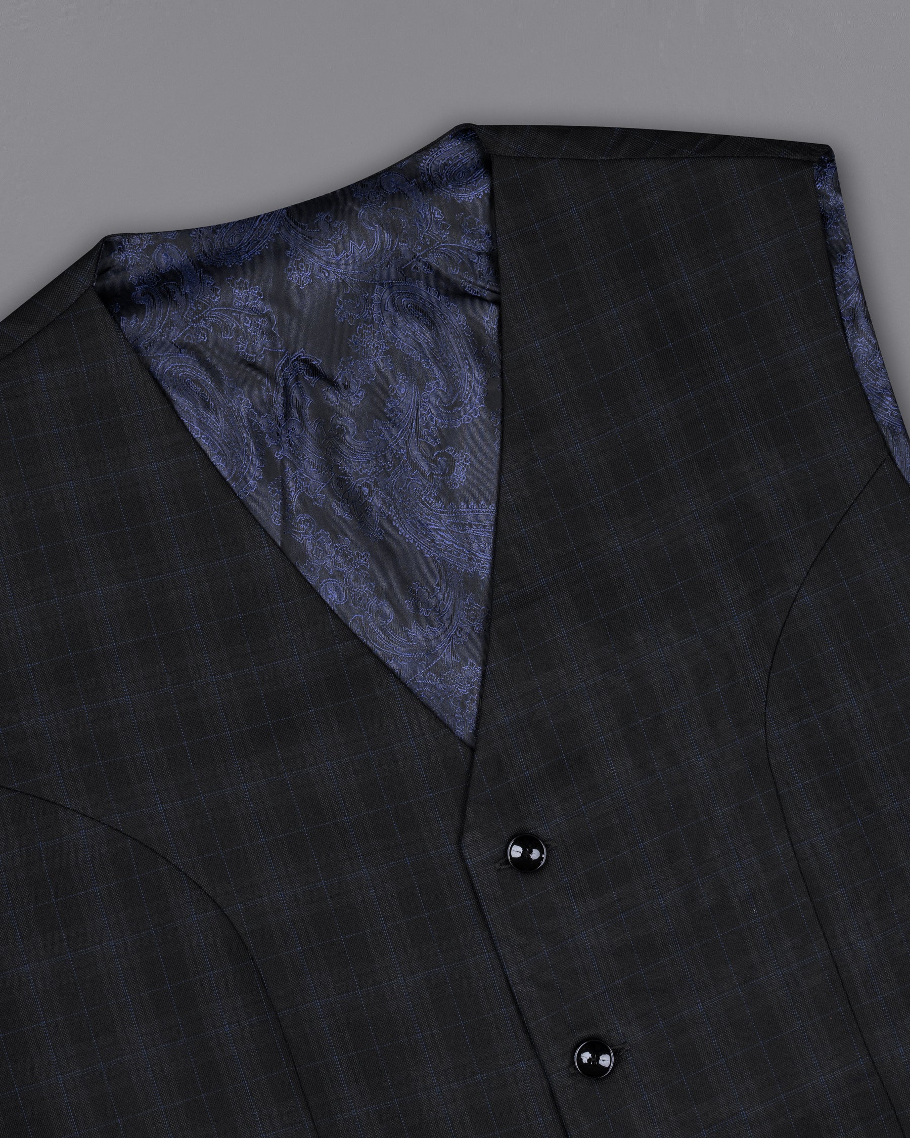 Mine Shaft Black Plaid Cross Placket Bandhgala Wool Rich Suit