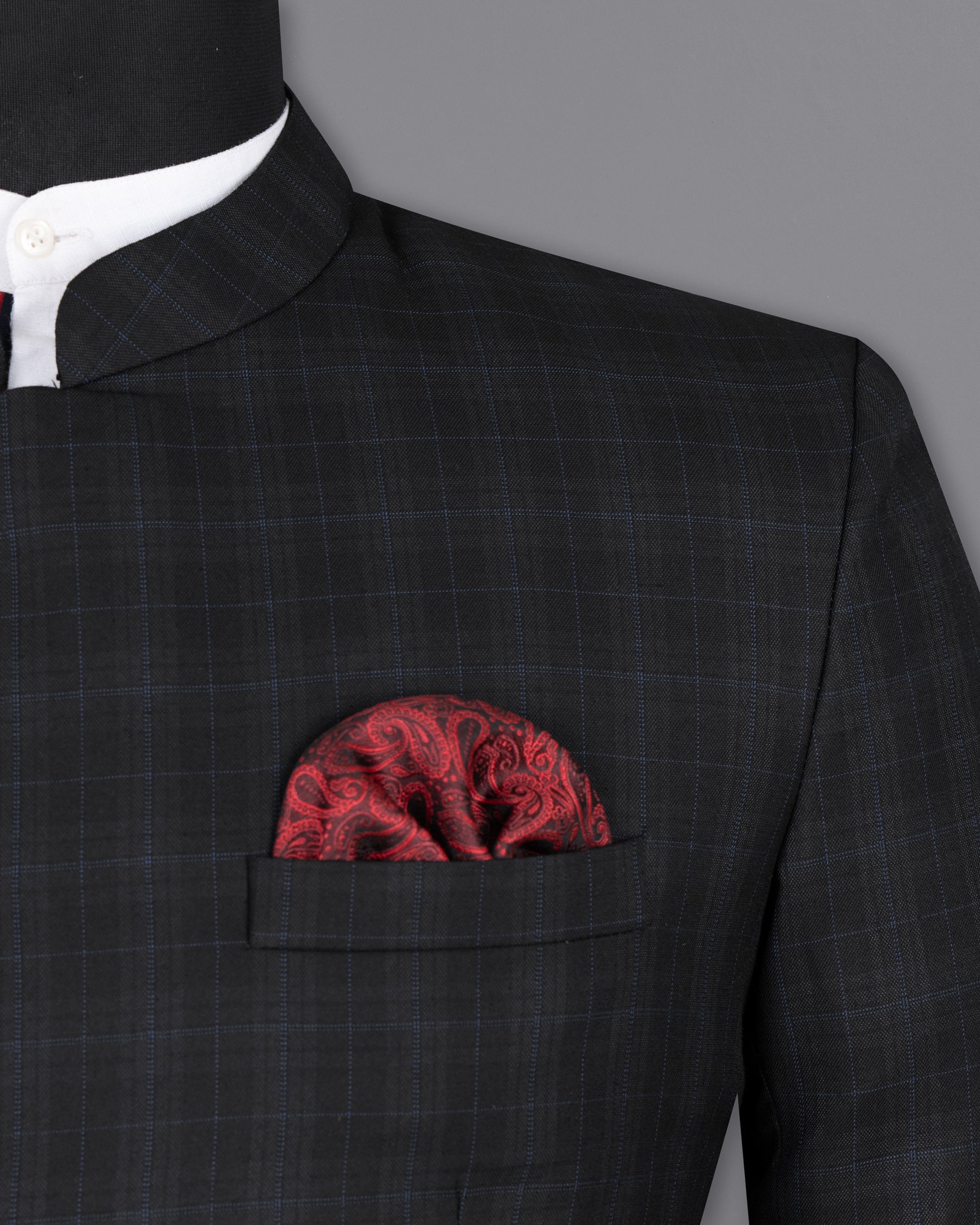 Mine Shaft Black Plaid Cross Placket Bandhgala Wool Rich Suit