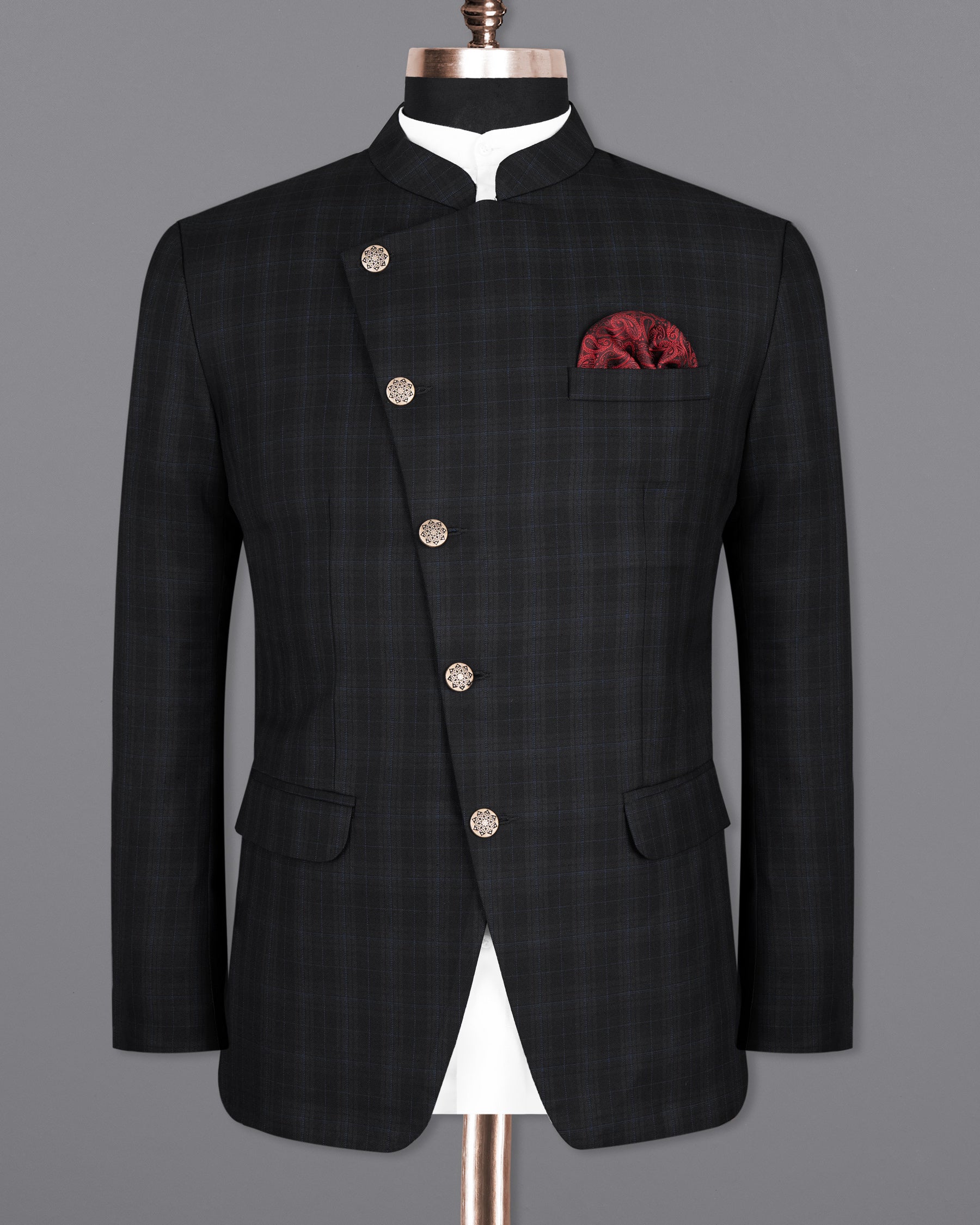 Mine Shaft Black Plaid Cross Placket Bandhgala Wool Rich Suit
