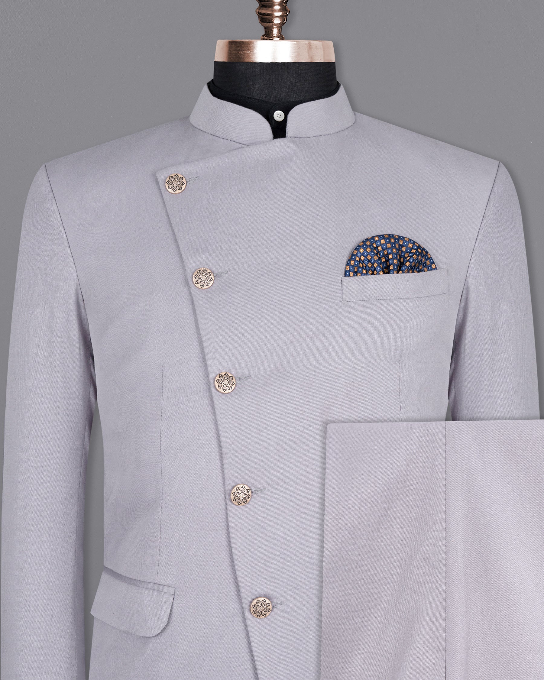 French Gray Cross Buttoned Bandhgala Wool rich Suit ST1410-CBG-36, ST1410-CBG-38, ST1410-CBG-40, ST1410-CBG-42, ST1410-CBG-44, ST1410-CBG-46, ST1410-CBG-48, ST1410-CBG-50, ST1410-CBG-52, ST1410-CBG-54, ST1410-CBG-56, ST1410-CBG-58, ST1410-CBG-60