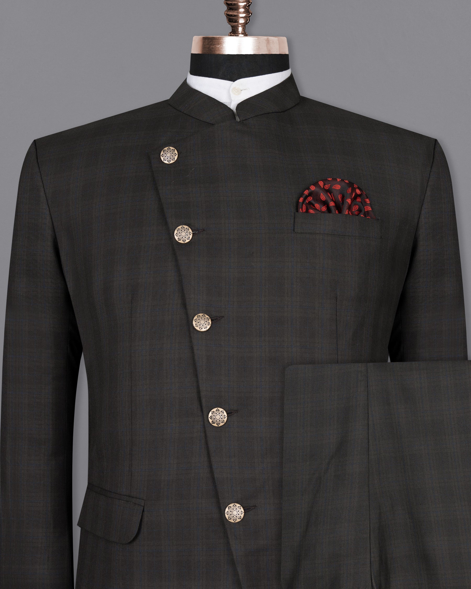 Thunder brown Plaid Cross Buttoned Bandhgala Wool Rich Suit ST1424-CBG-36, ST1424-CBG-38, ST1424-CBG-40, ST1424-CBG-42, ST1424-CBG-44, ST1424-CBG-46, ST1424-CBG-48, ST1424-CBG-50, ST1424-CBG-52, ST1424-CBG-54, ST1424-CBG-56, ST1424-CBG-58, ST1424-CBG-60