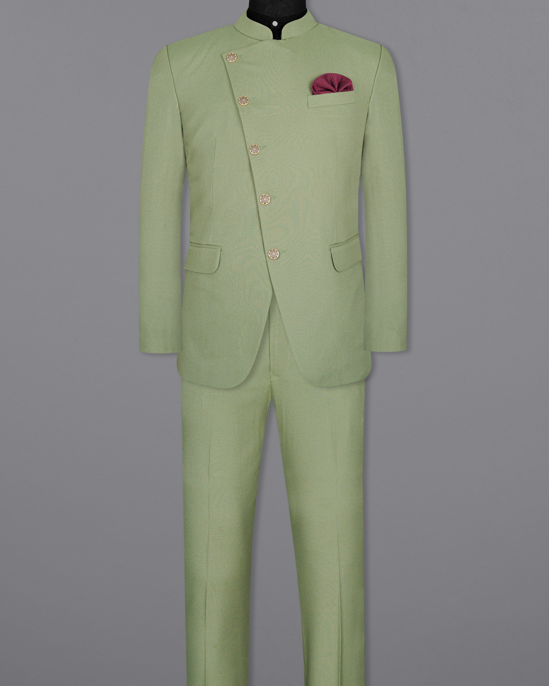 Camouflage Green Cross Placket Bandhgala Wool rich Suit
