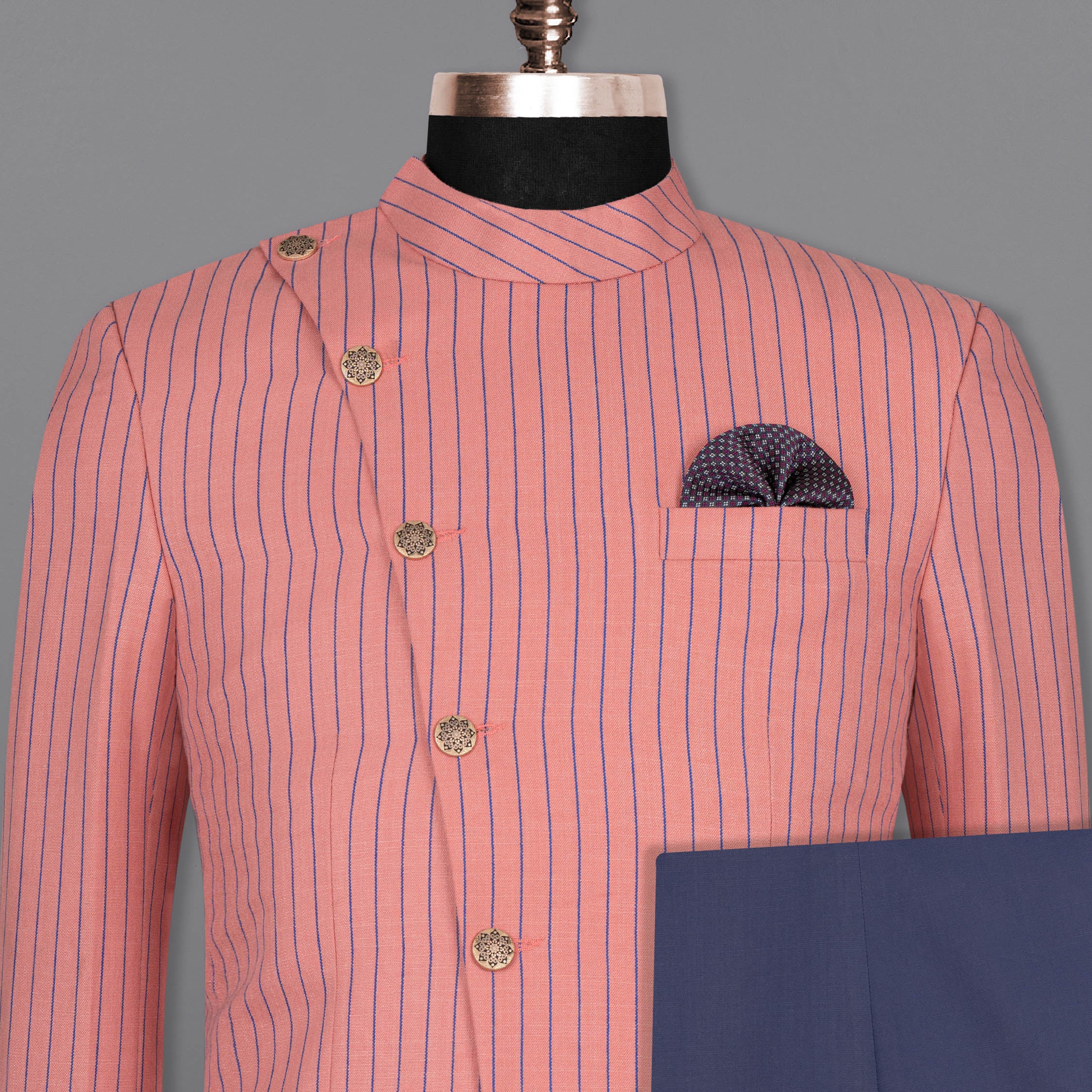 Petite Orchid Striped Wool Rich Cross Placket Bandhgala Suit