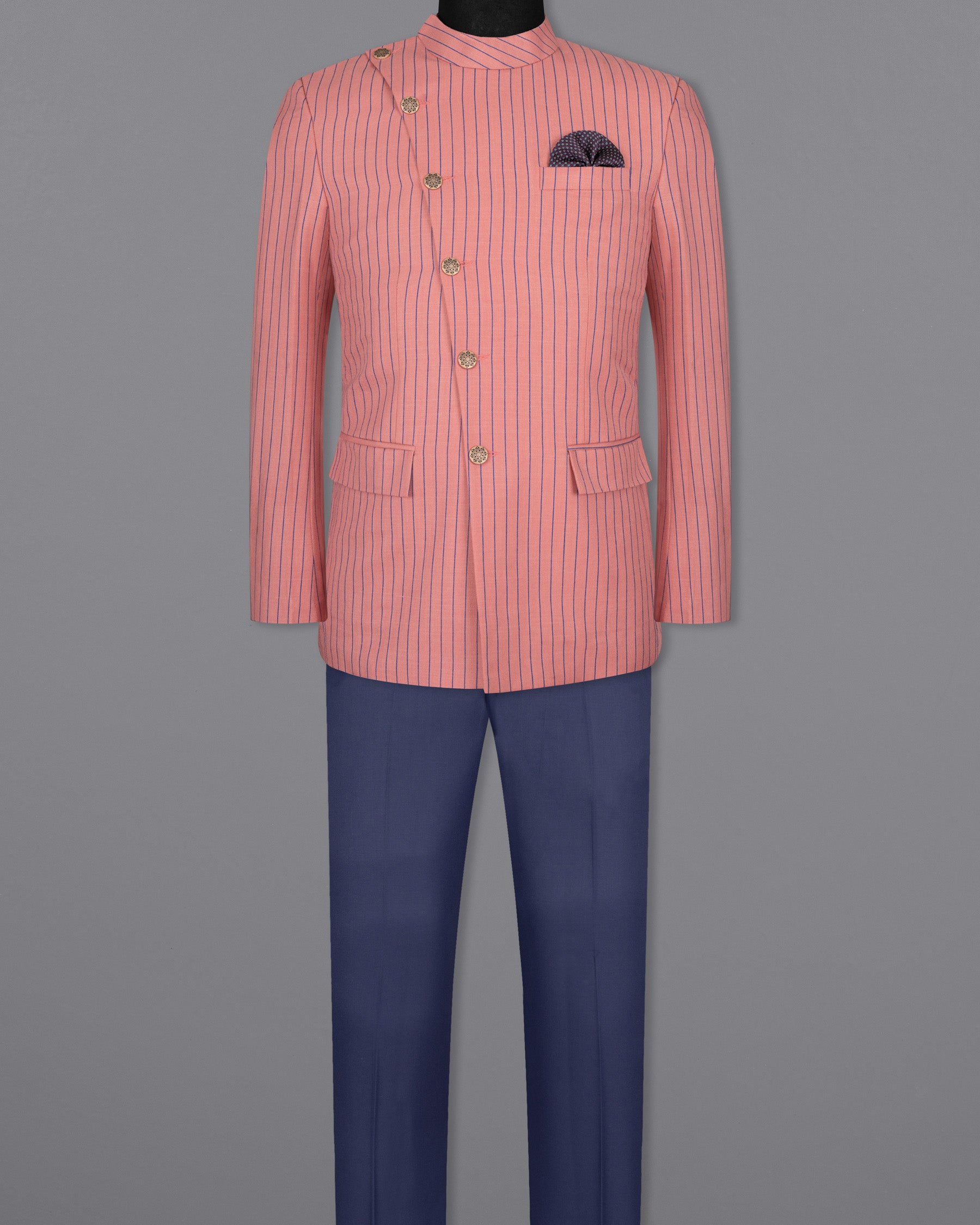 Petite Orchid Striped Wool Rich Cross Placket Bandhgala Suit