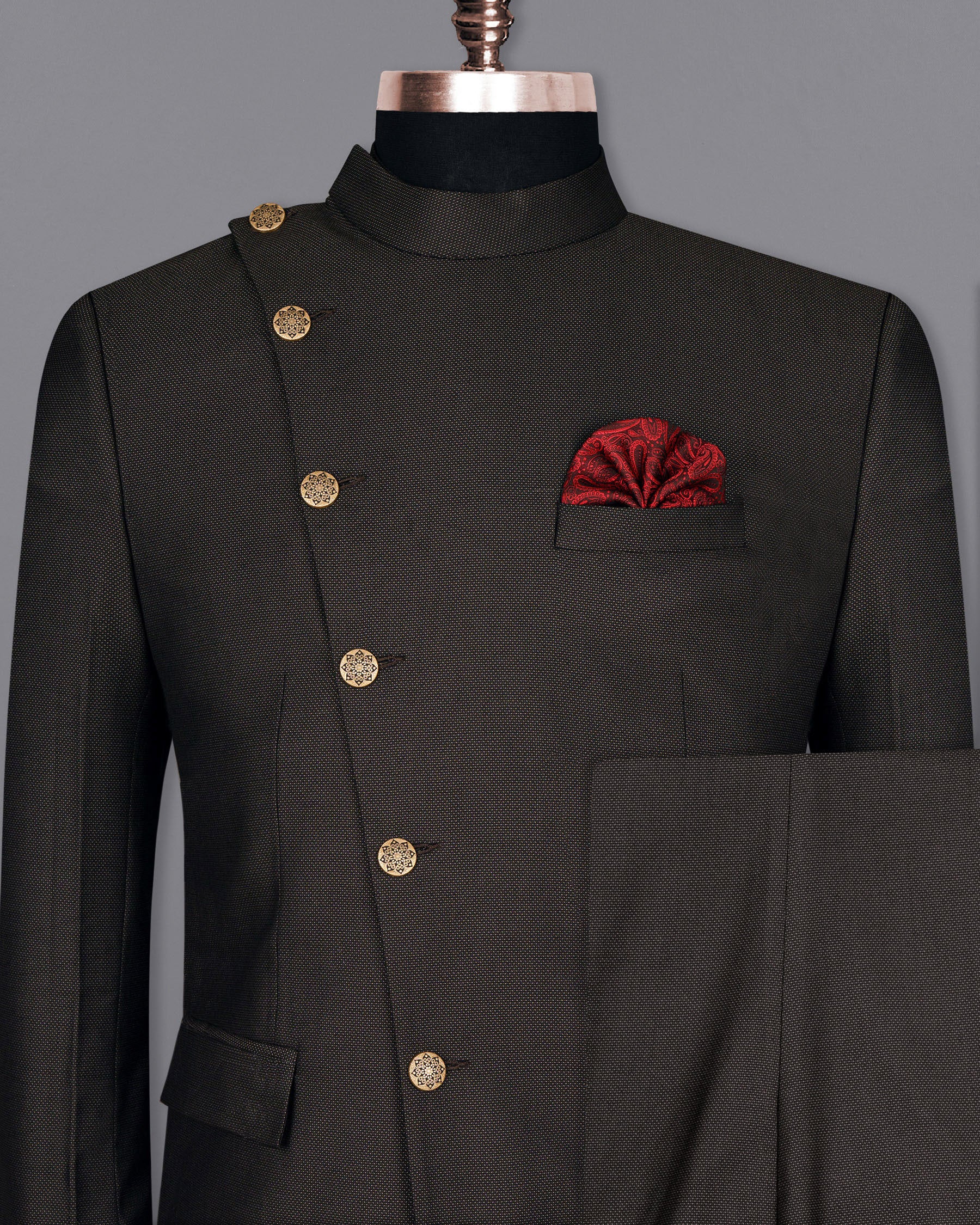 Dark Brown Cross Placket Wool Rich Bandhgala Suit