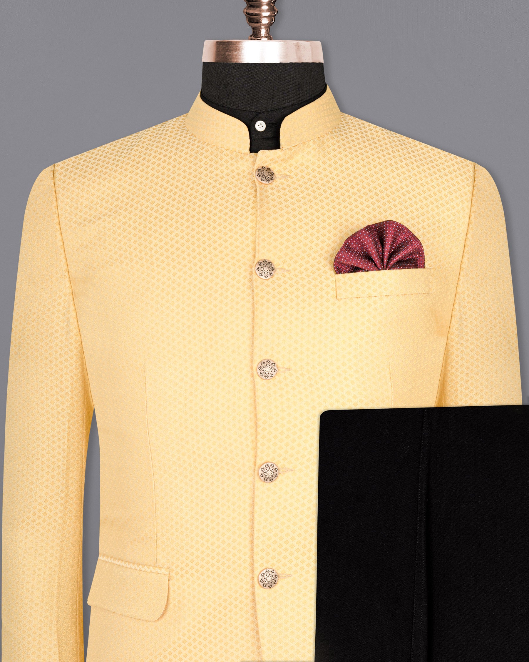 Marzipan Yellow Textured Bandhgala Designer Suit ST1651-BG-36, ST1651-BG-38, ST1651-BG-40, ST1651-BG-42, ST1651-BG-44, ST1651-BG-46, ST1651-BG-48, ST1651-BG-50, ST1651-BG-52, ST1651-BG-54, ST1651-BG-56, ST1651-BG-58, ST1651-BG-60