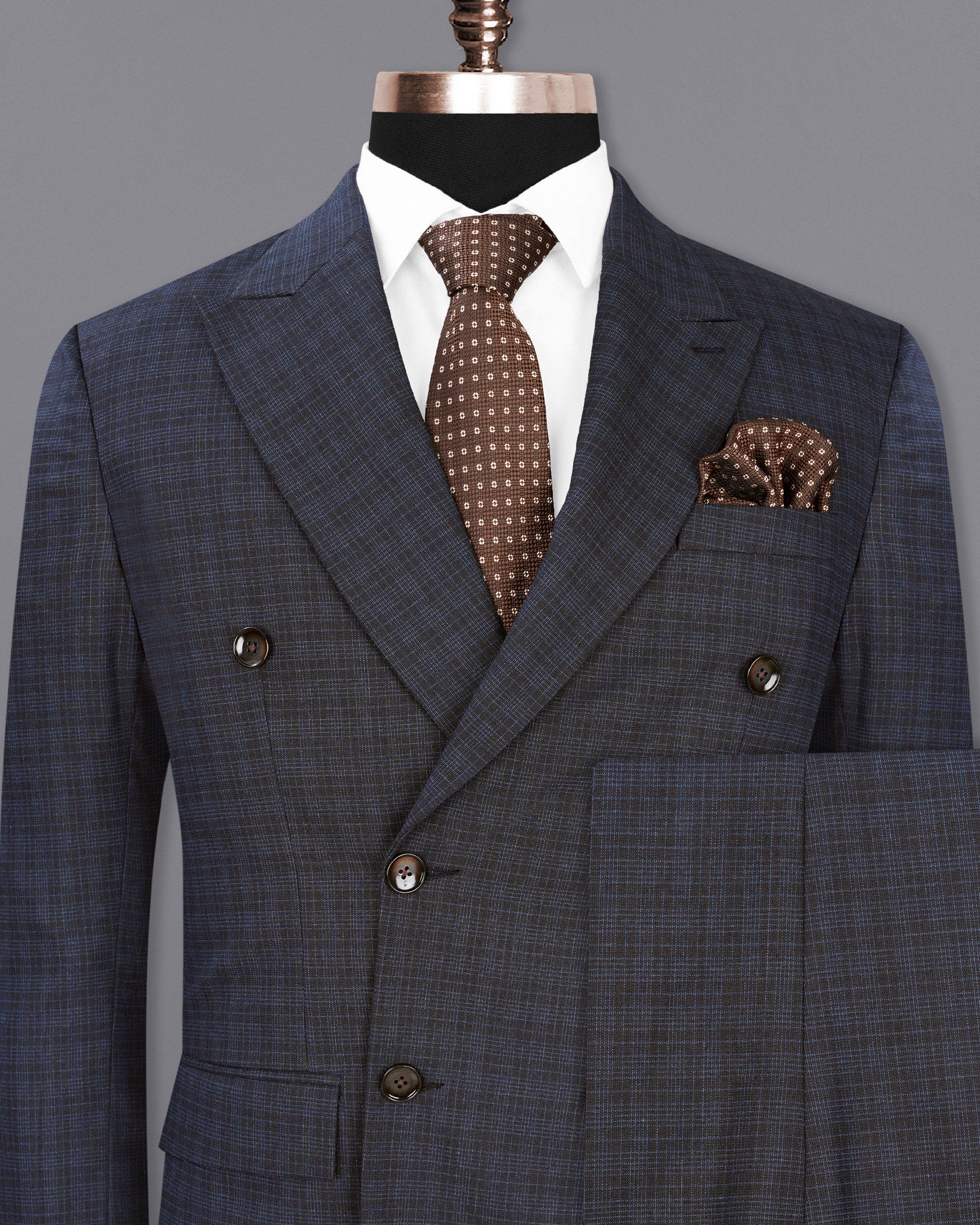 Ebony Clay Gray and Metallic Blue Plaid Double-Breasted Suit
