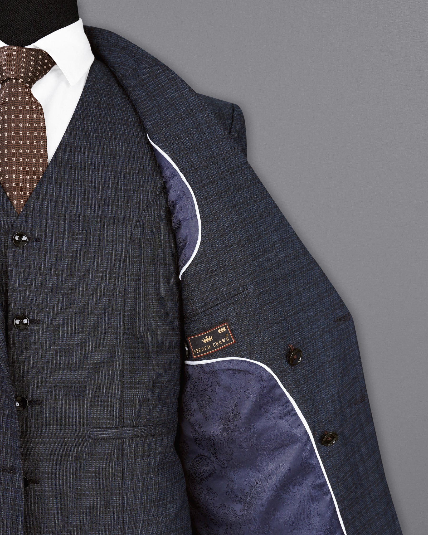 Ebony Clay Gray and Metallic Blue Plaid Double-Breasted Suit