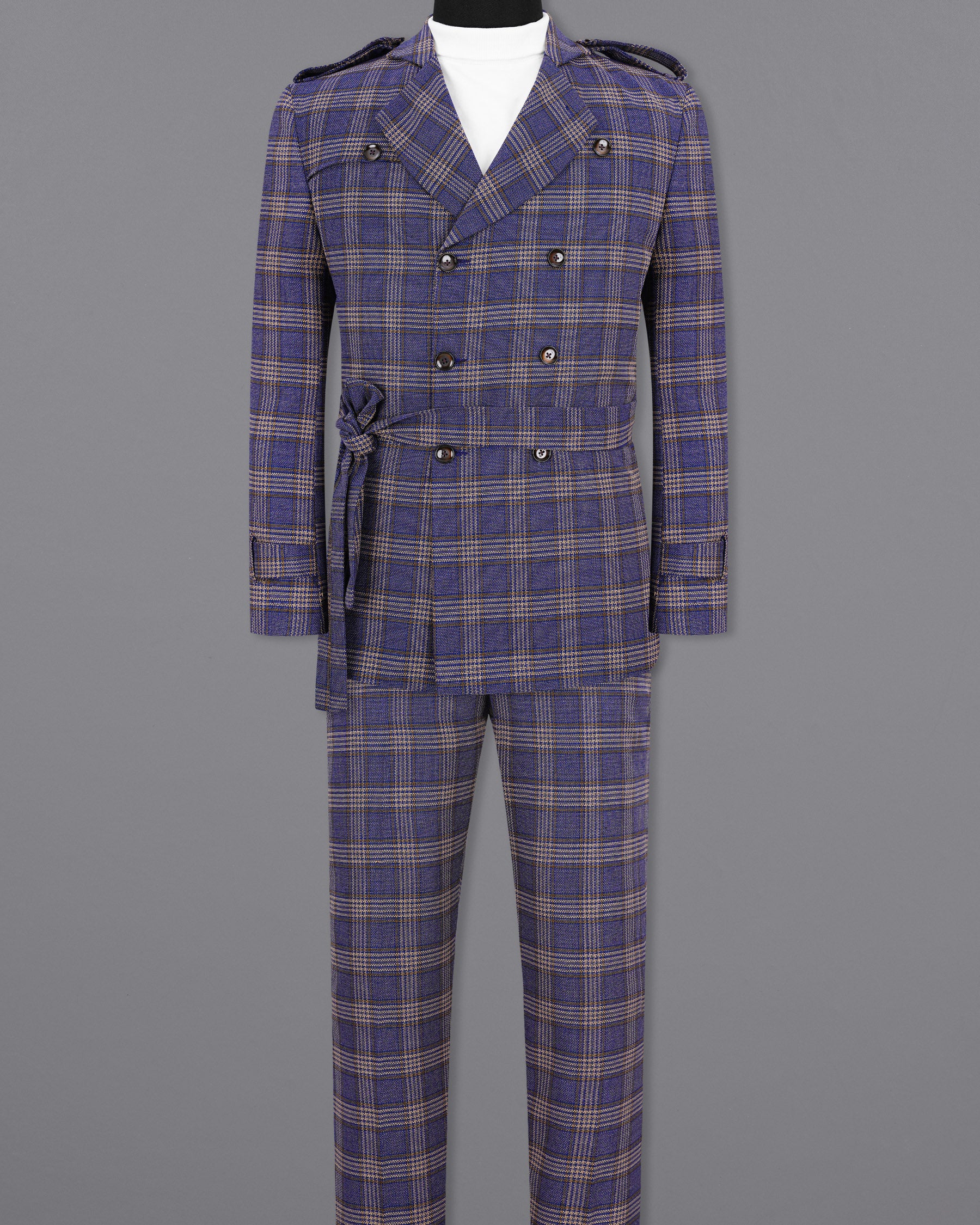 Meteorite Blue with Tide Brown Plaid Double Breasted Designer Suit
