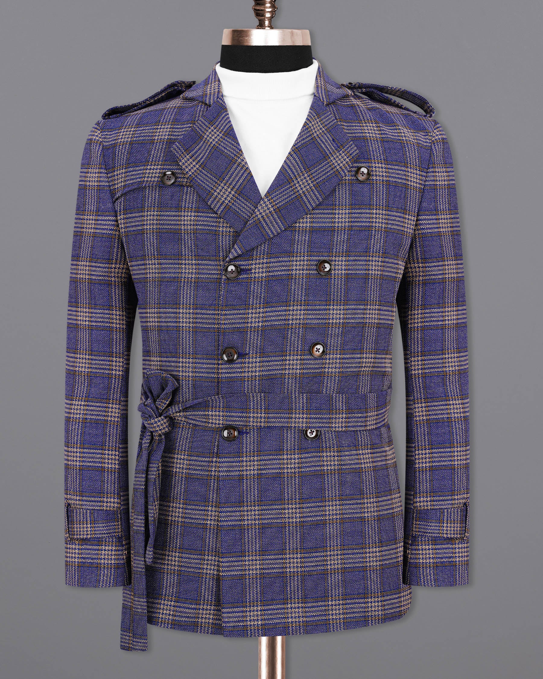 Meteorite Blue with Tide Brown Plaid Double Breasted Designer Suit