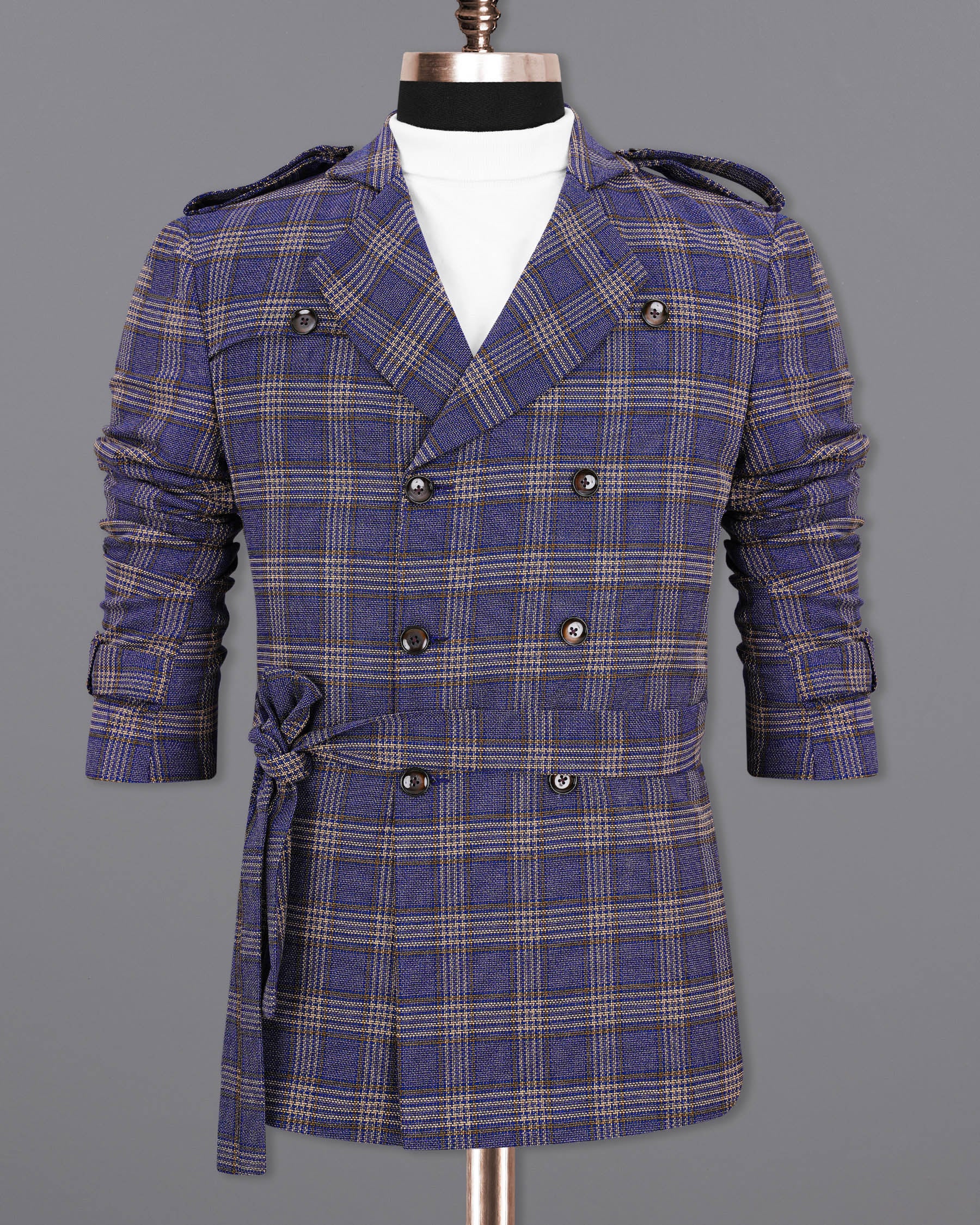 Meteorite Blue with Tide Brown Plaid Double Breasted Designer Suit