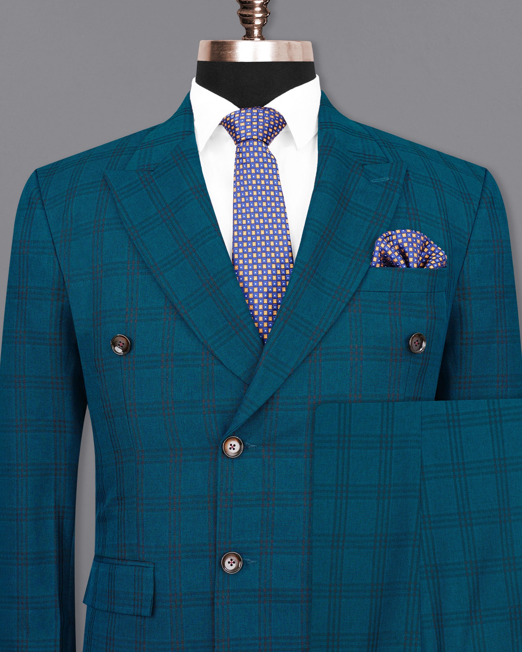 Sapphire Blue With Black Plaid Double Breasted Suit