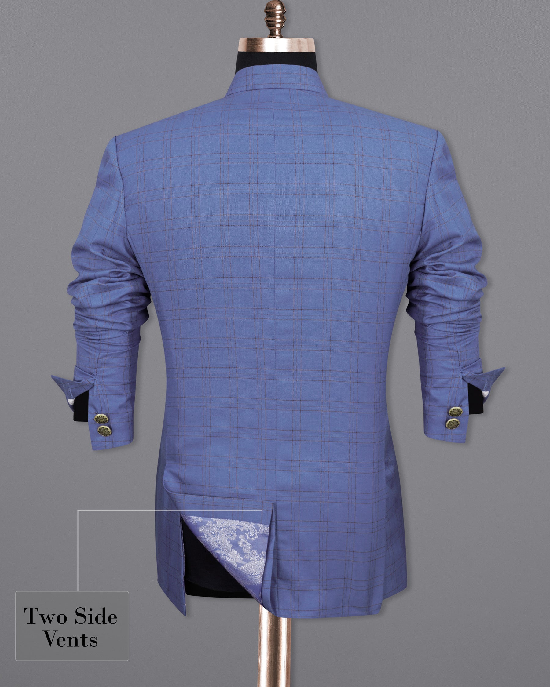 Scampi Blue With Pickled Brown Plaid Cross Placket Bandhgala Suit