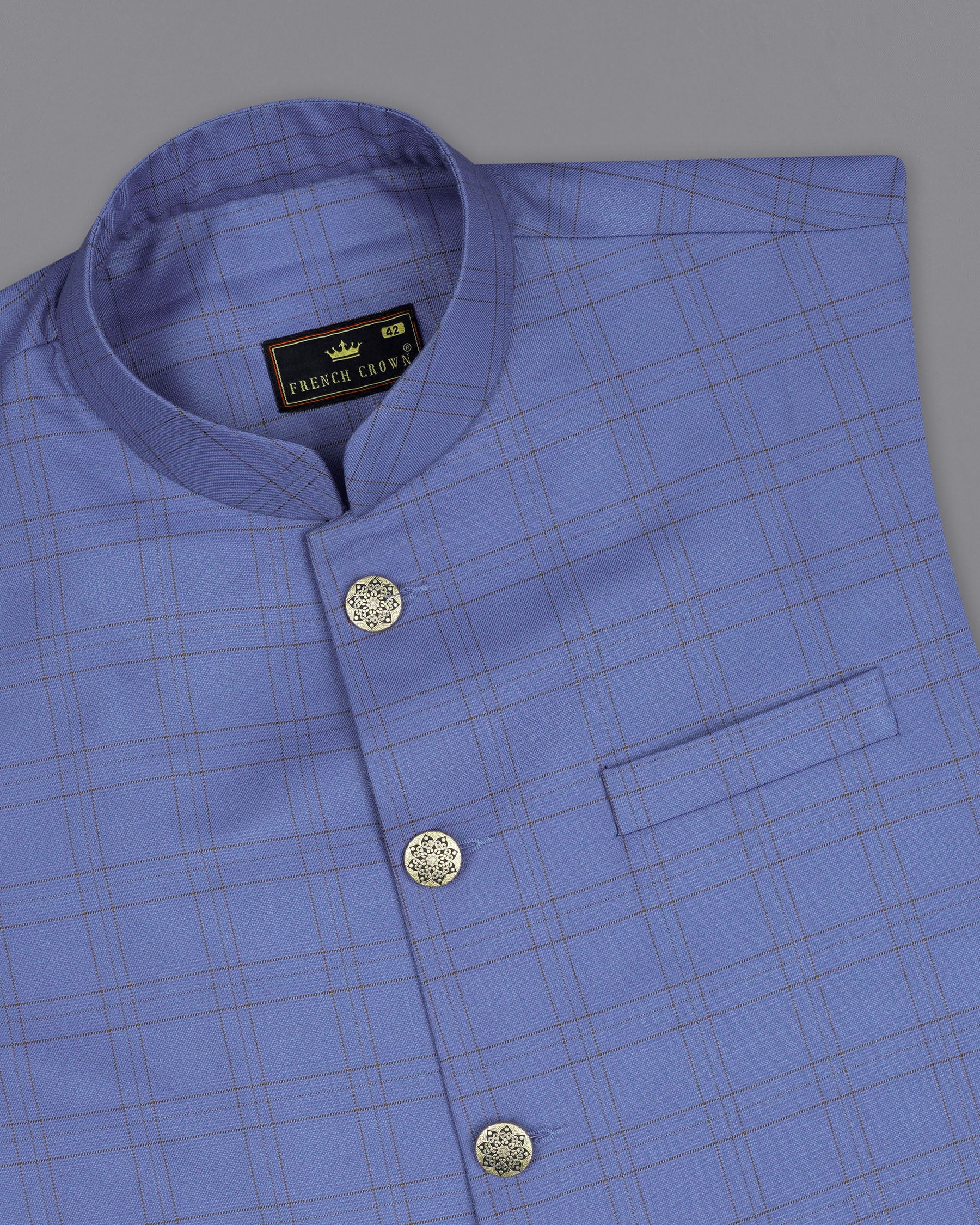 Scampi Blue With Pickled Brown Plaid Cross Placket Bandhgala Suit