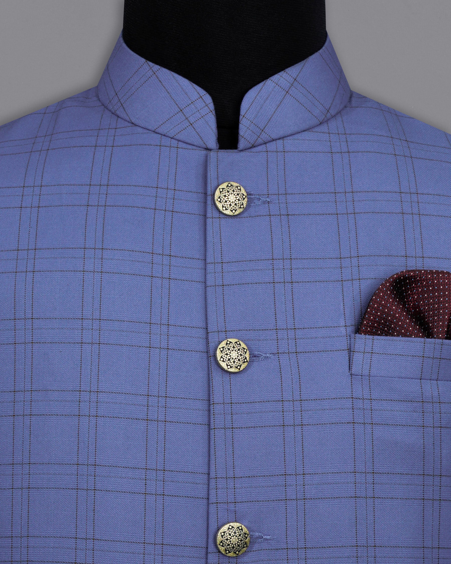 Scampi Blue With Pickled Brown Plaid Cross Placket Bandhgala Suit